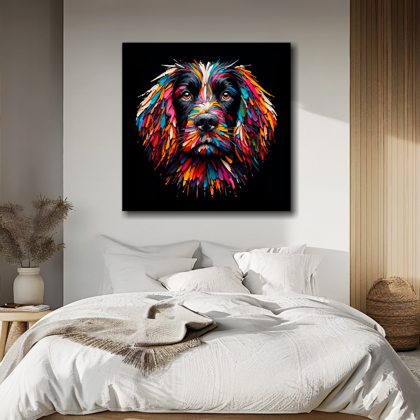 Sprocker Spaniel portrait canvas above bed - colourful dog wall decor for UK bedrooms
