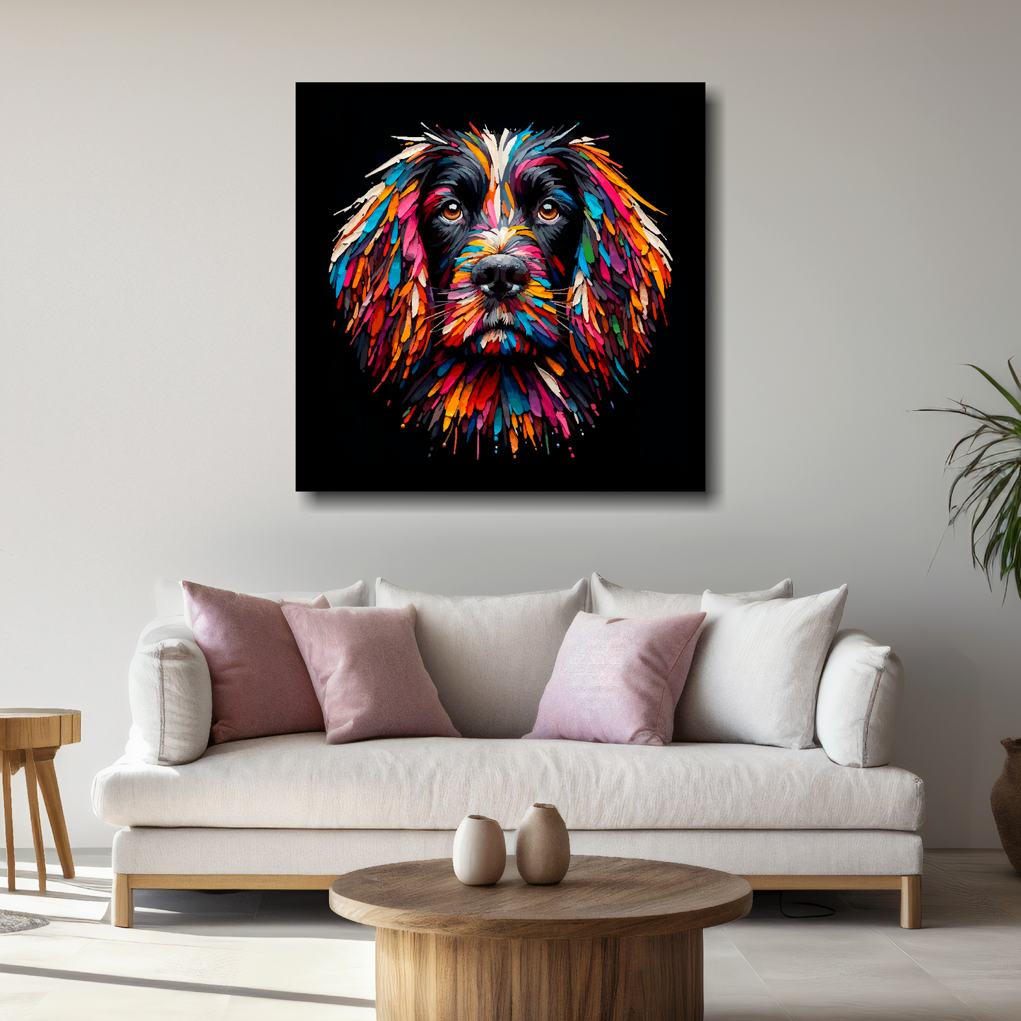 Large Sprocker Spaniel canvas above white sofa - vibrant abstract dog portrait wall art UK