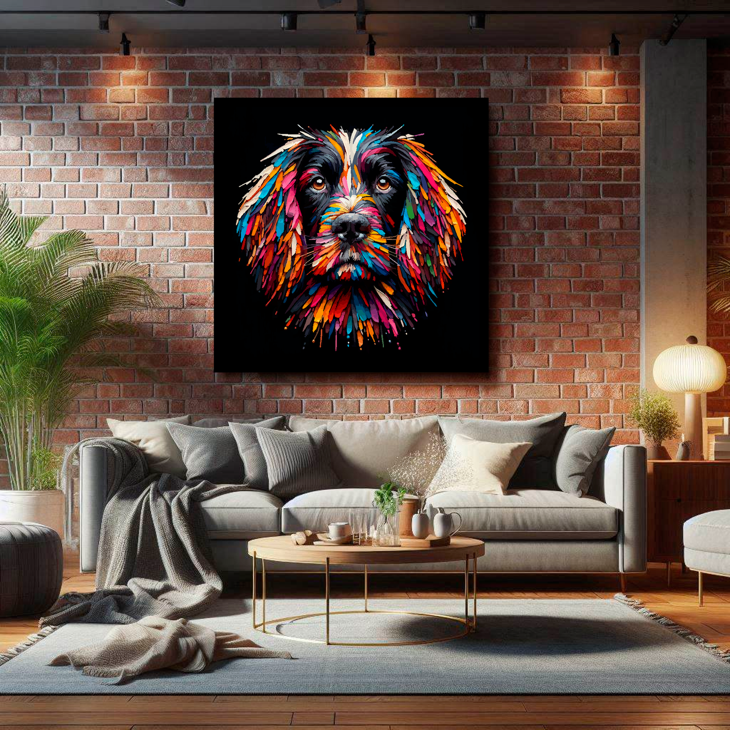 Large Sprocker Spaniel canvas on brick wall above grey sofa - bold dog portrait UK living room