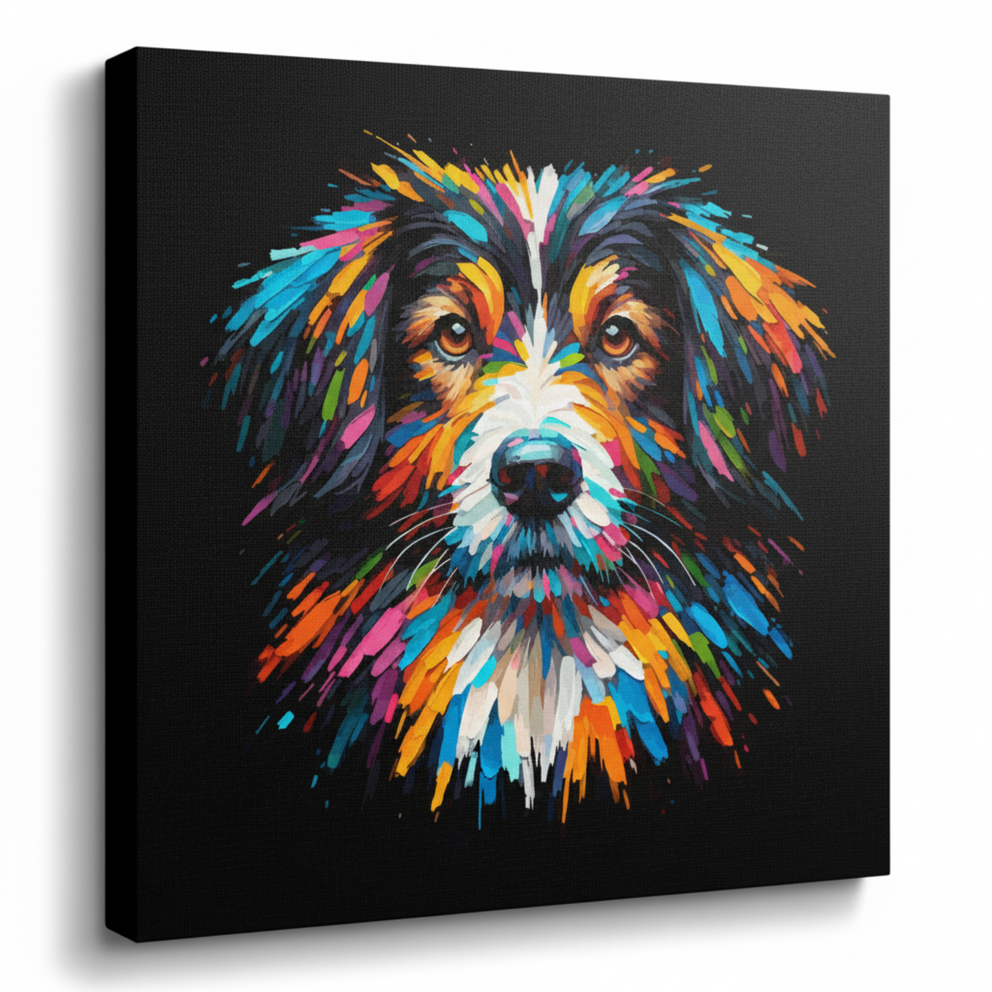 Colourful Sprollie dog portrait canvas print - UK made abstract pet wall art black background