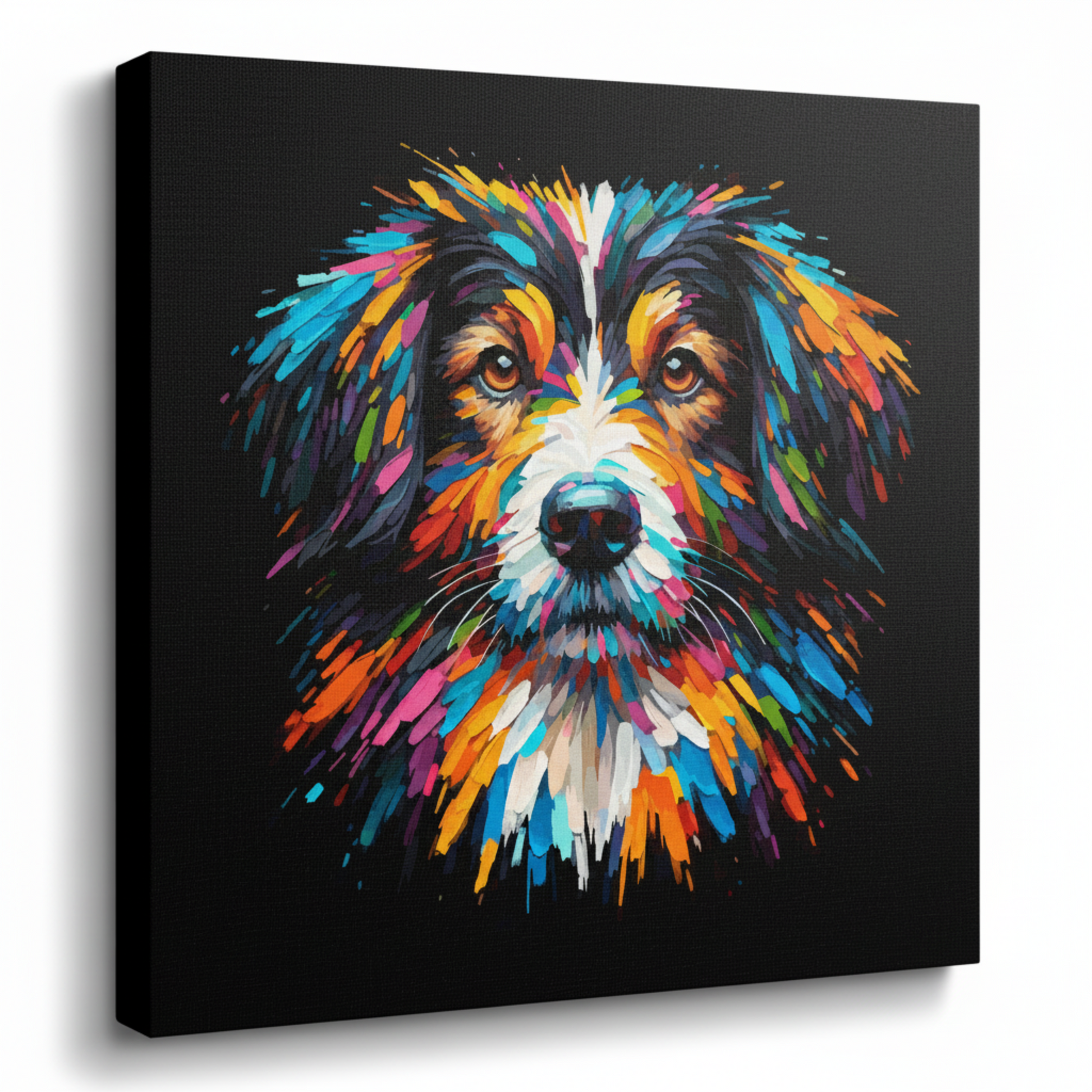 Colourful Sprollie dog portrait canvas print - UK made abstract pet wall art black background