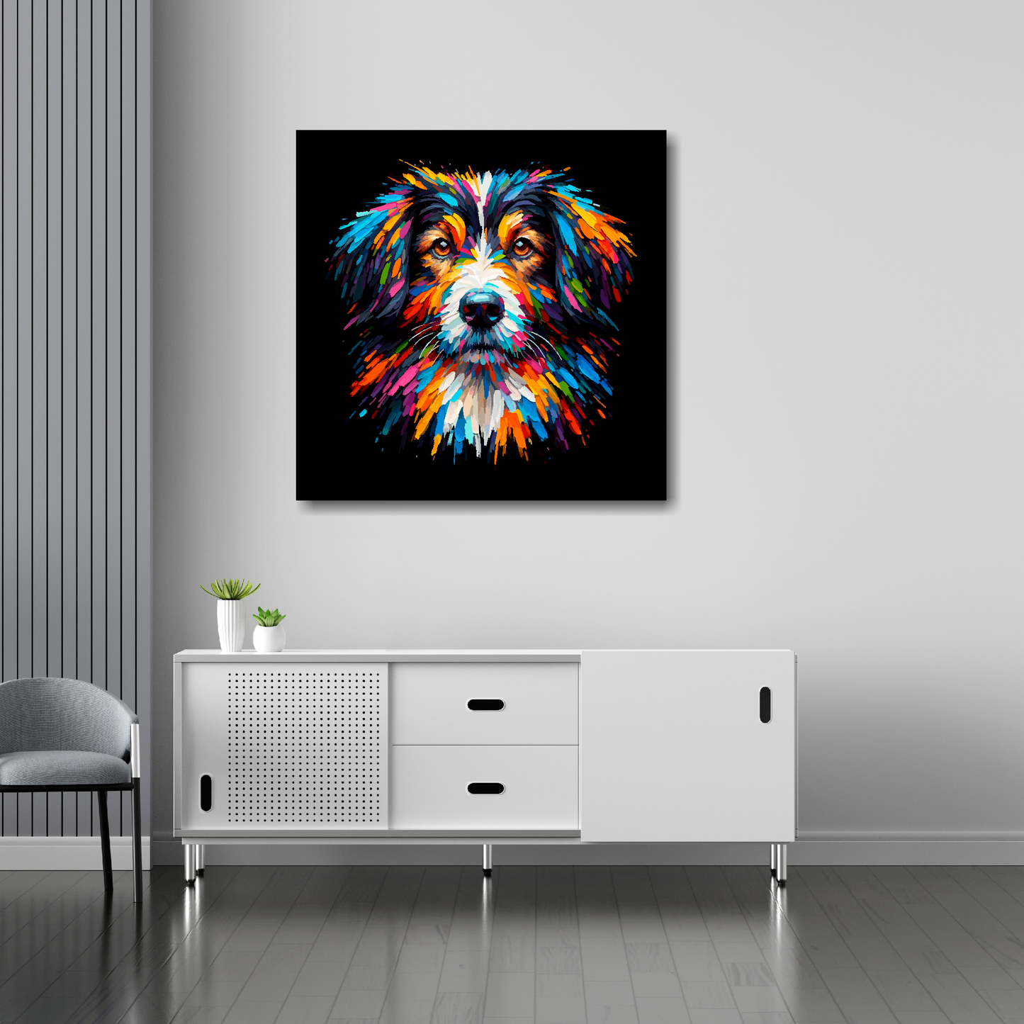 Sprollie canvas 30x30 inches above sideboard - large colourful dog portrait UK made