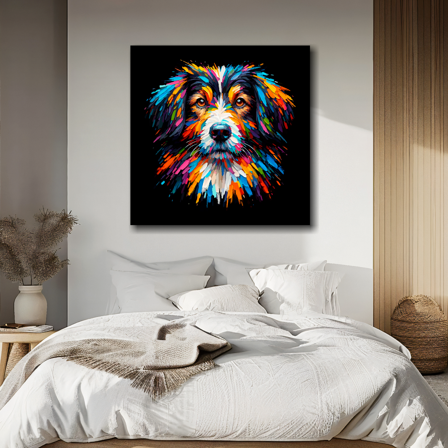 Sprollie portrait canvas above bed - colourful dog wall decor for UK bedrooms