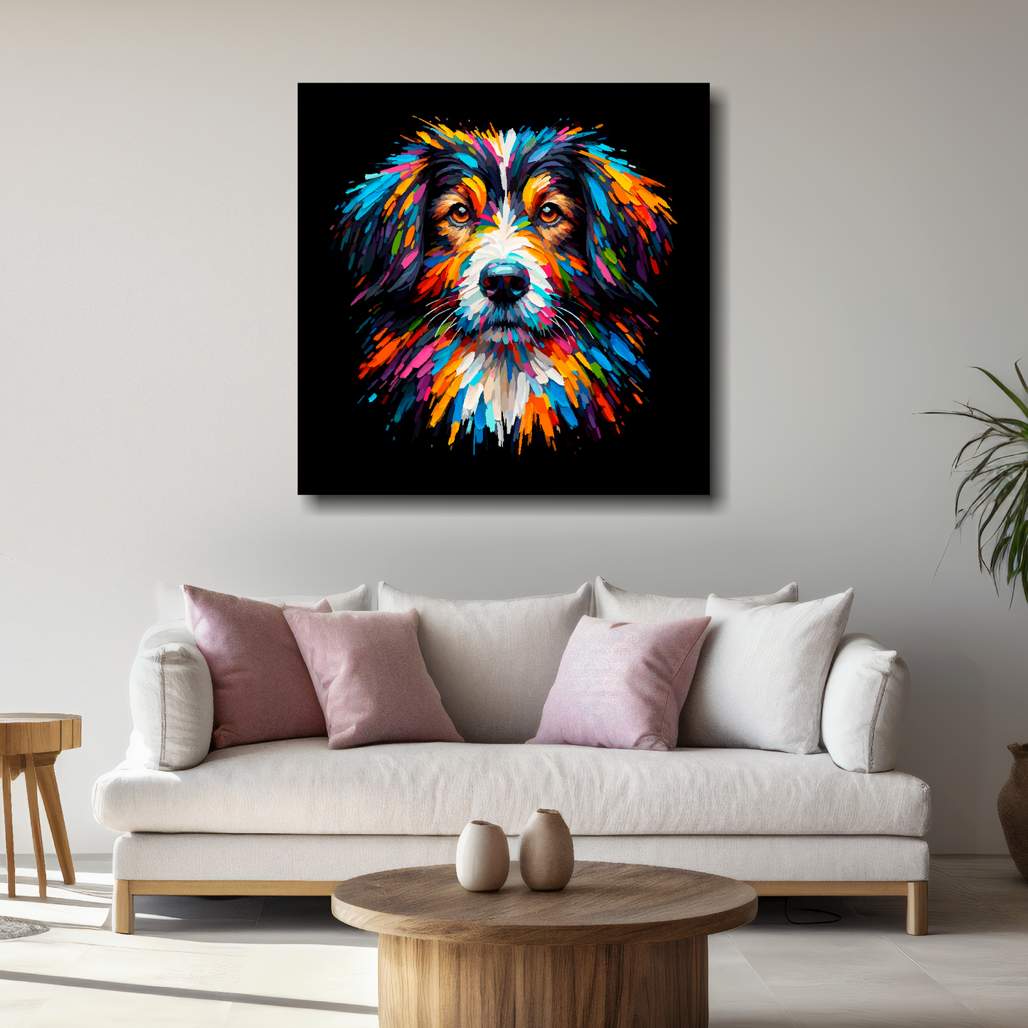 Large Sprollie canvas above white sofa - vibrant abstract dog portrait wall art UK
