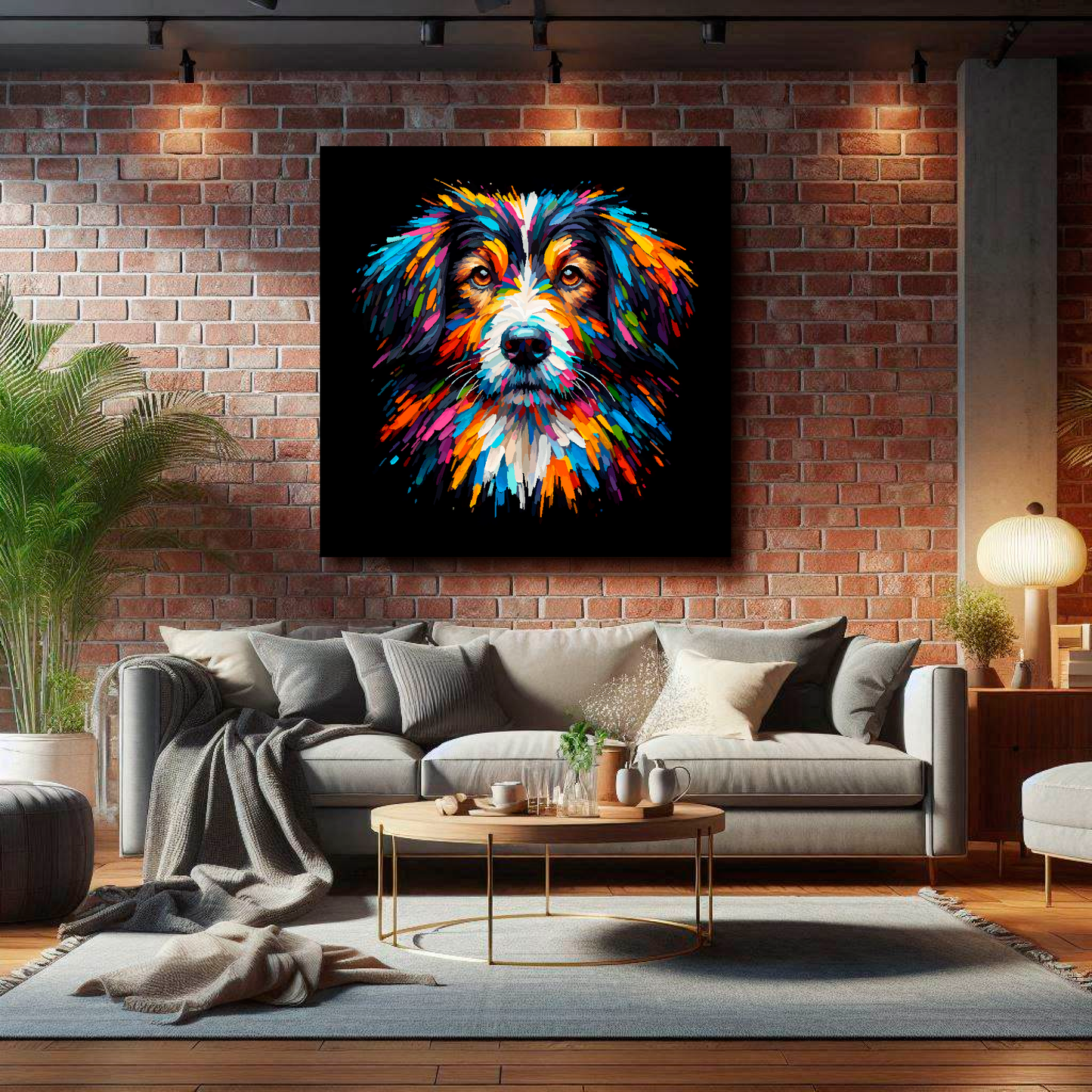 Large Sprollie canvas on brick wall above grey sofa - bold dog portrait UK living room