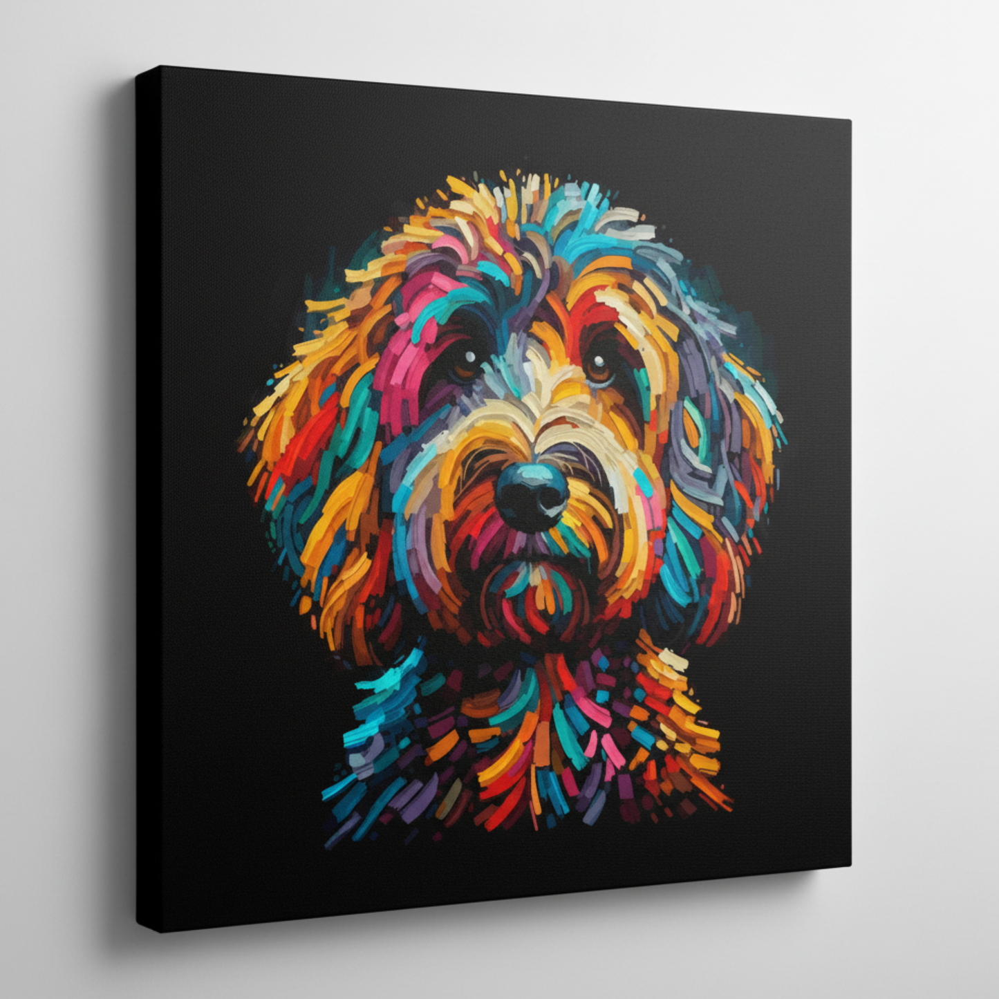 Colourful Sproodle dog portrait canvas print - UK made abstract pet wall art black background