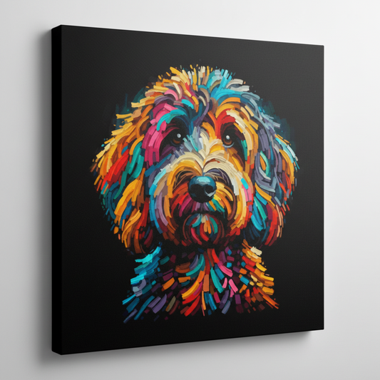 Colourful Sproodle dog portrait canvas print - UK made abstract pet wall art black background