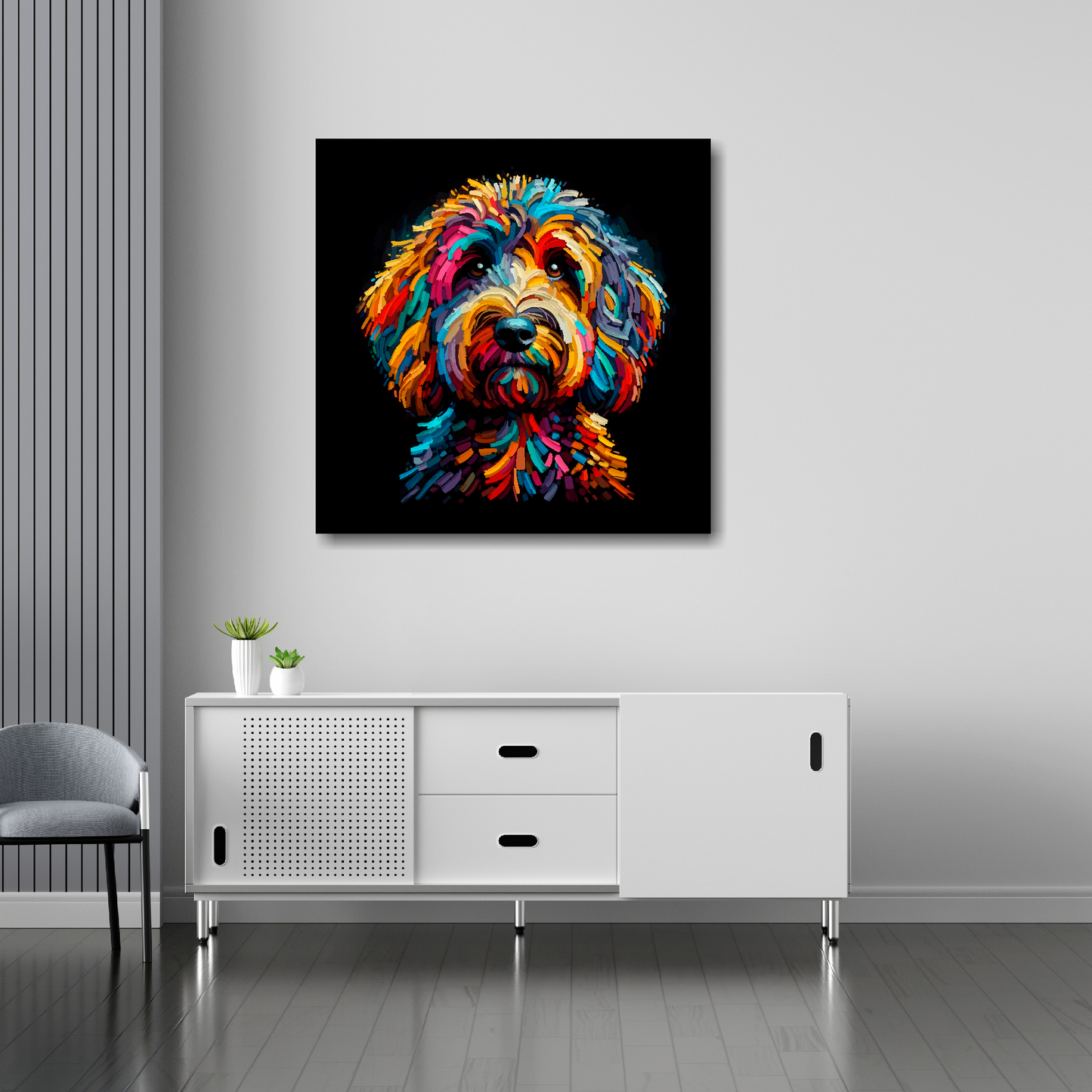 Sproodle canvas 30x30 inches above sideboard - large colourful dog portrait UK made
