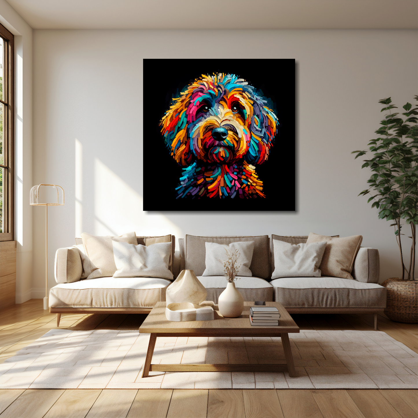 Sproodle canvas 40x40 inches above cream sofa - XL vibrant dog wall art UK