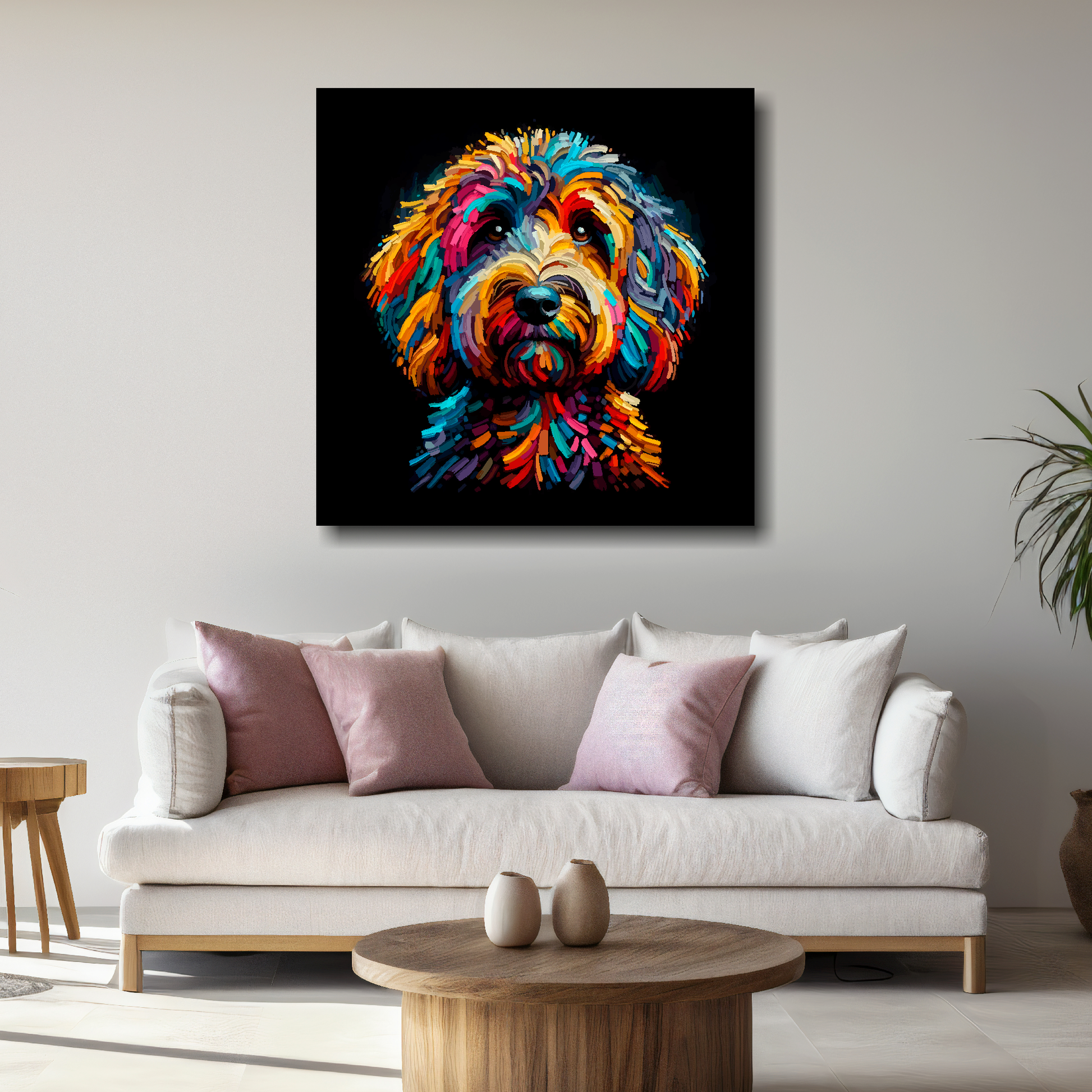 Large Sproodle canvas above white sofa - vibrant abstract dog portrait wall art UK