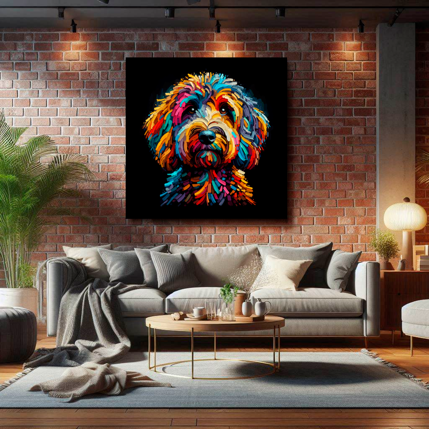 XL Sproodle canvas on brick wall above grey sofa - bold dog portrait UK living room