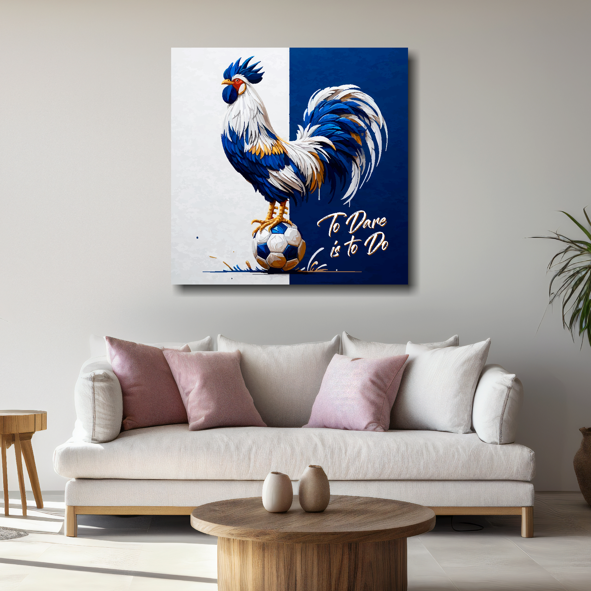 Large Spurs inspired canvas above white sofa - vibrant abstract UK football wall art