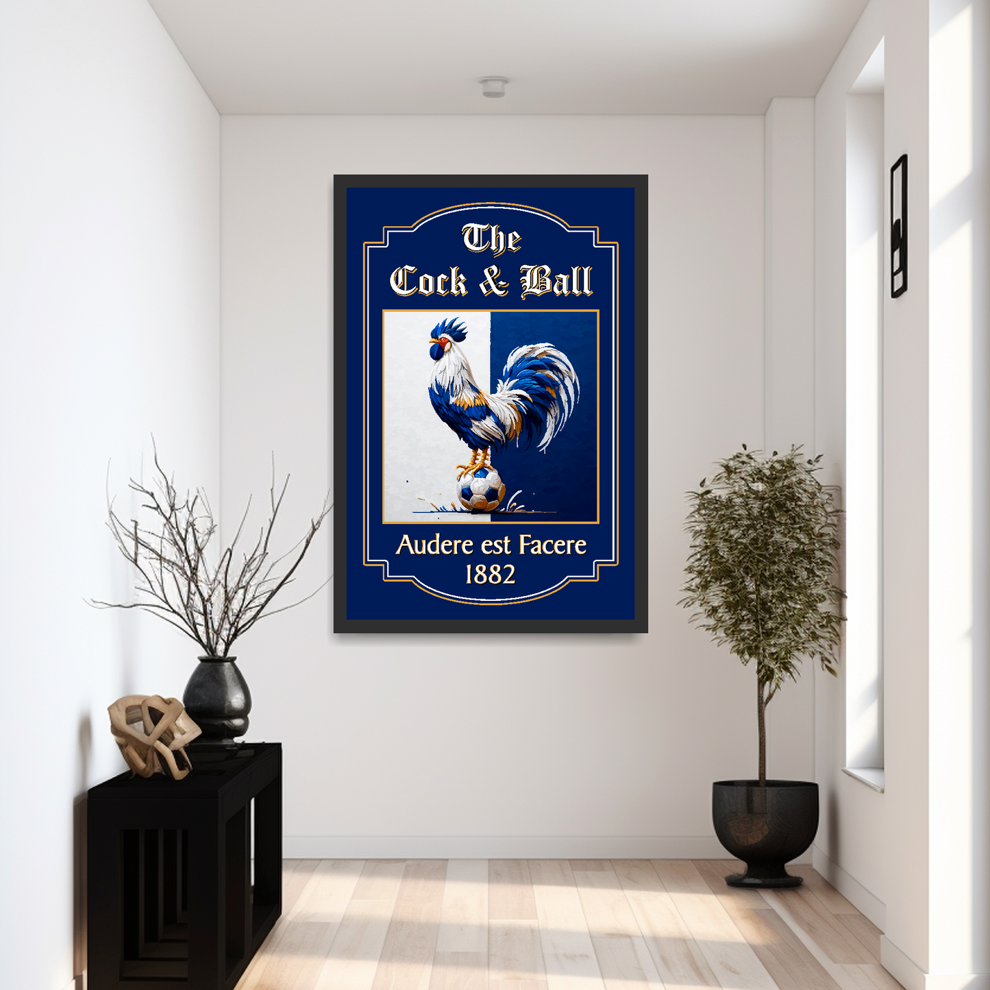 Spurs FC inspired extra large pub sign 'The Cock & Ball' 1882 with black frame