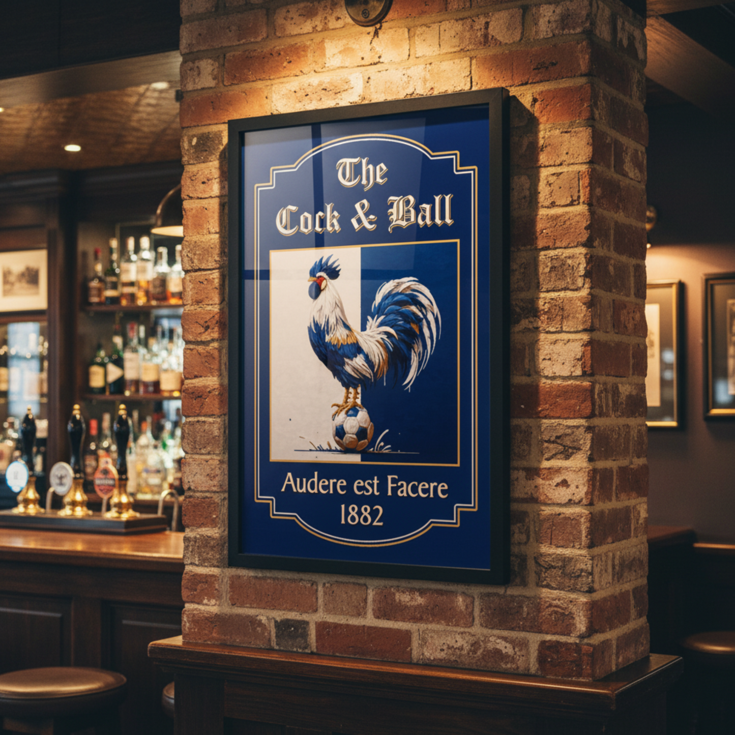 Spurs FC inspired black framed pub sign 'The 'Cock & Ball' hanging on a bar wall