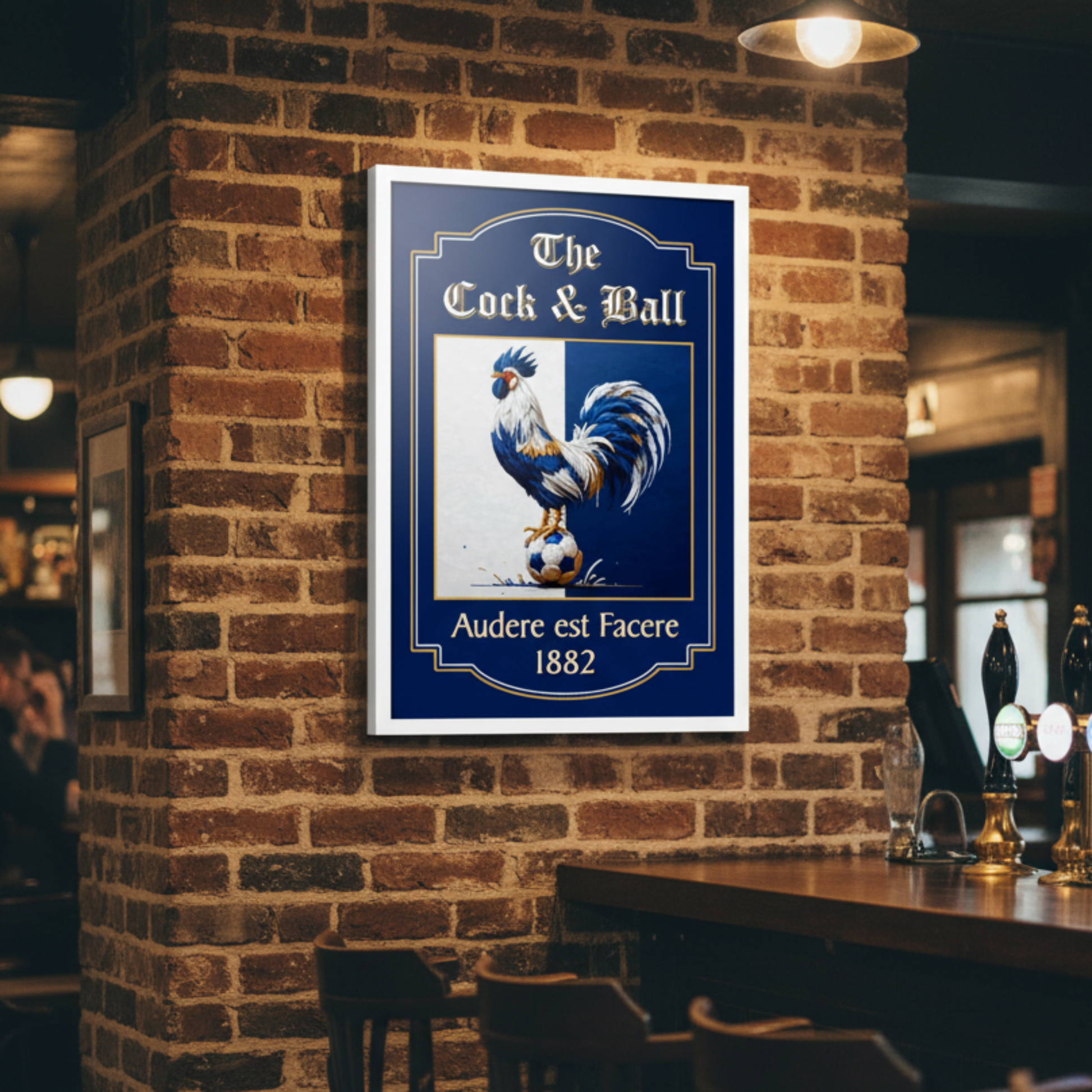 Spurs FC inspired white framed pub sign 'The 'Cock & Ball' hanging on a bar wall