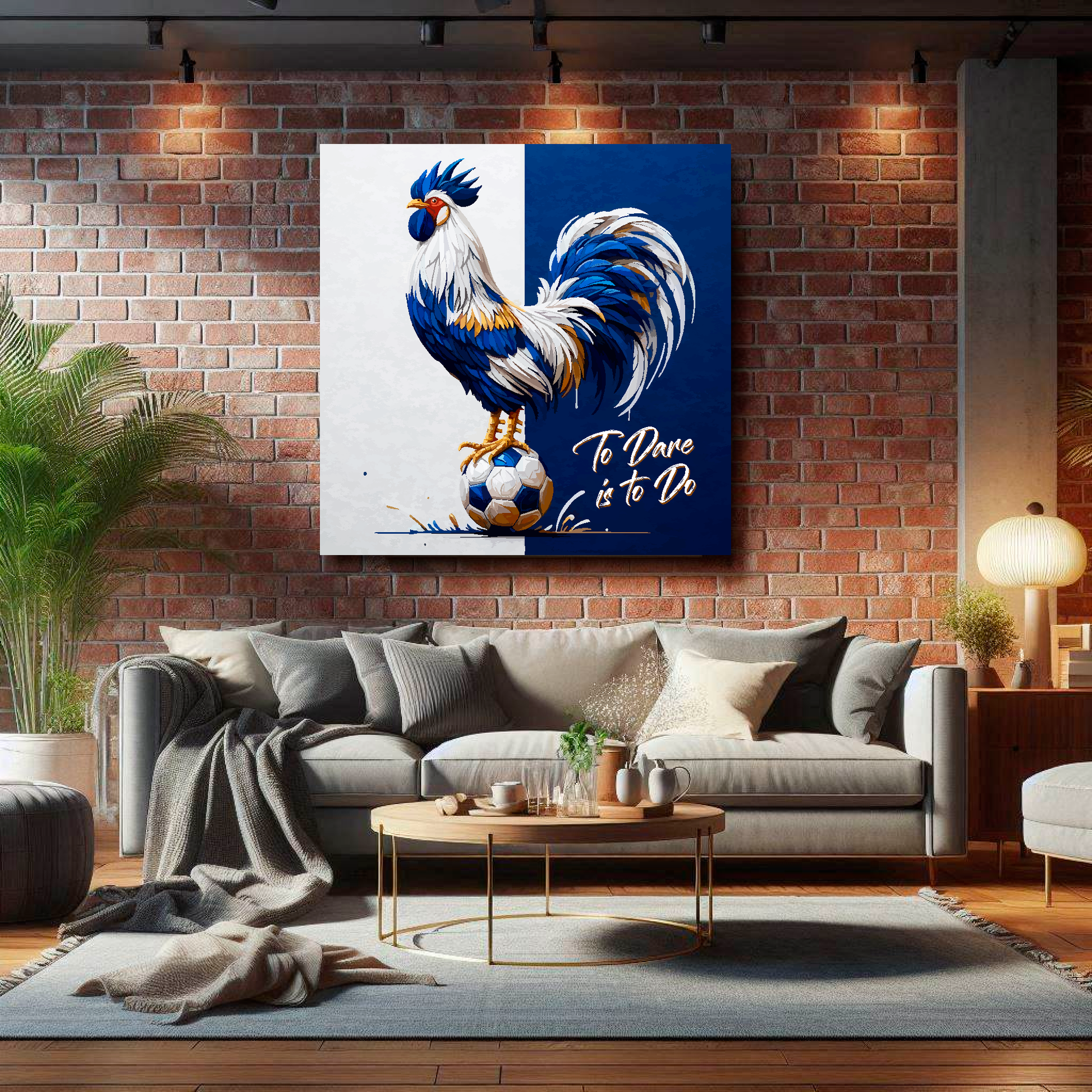 Large Spurs inspired canvas on brick wall above grey sofa - bold UK football art living room