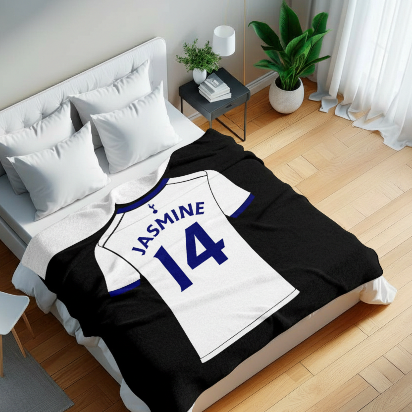 Personalised Spurs football shirt on a large fleece blanket. Made in the UK.