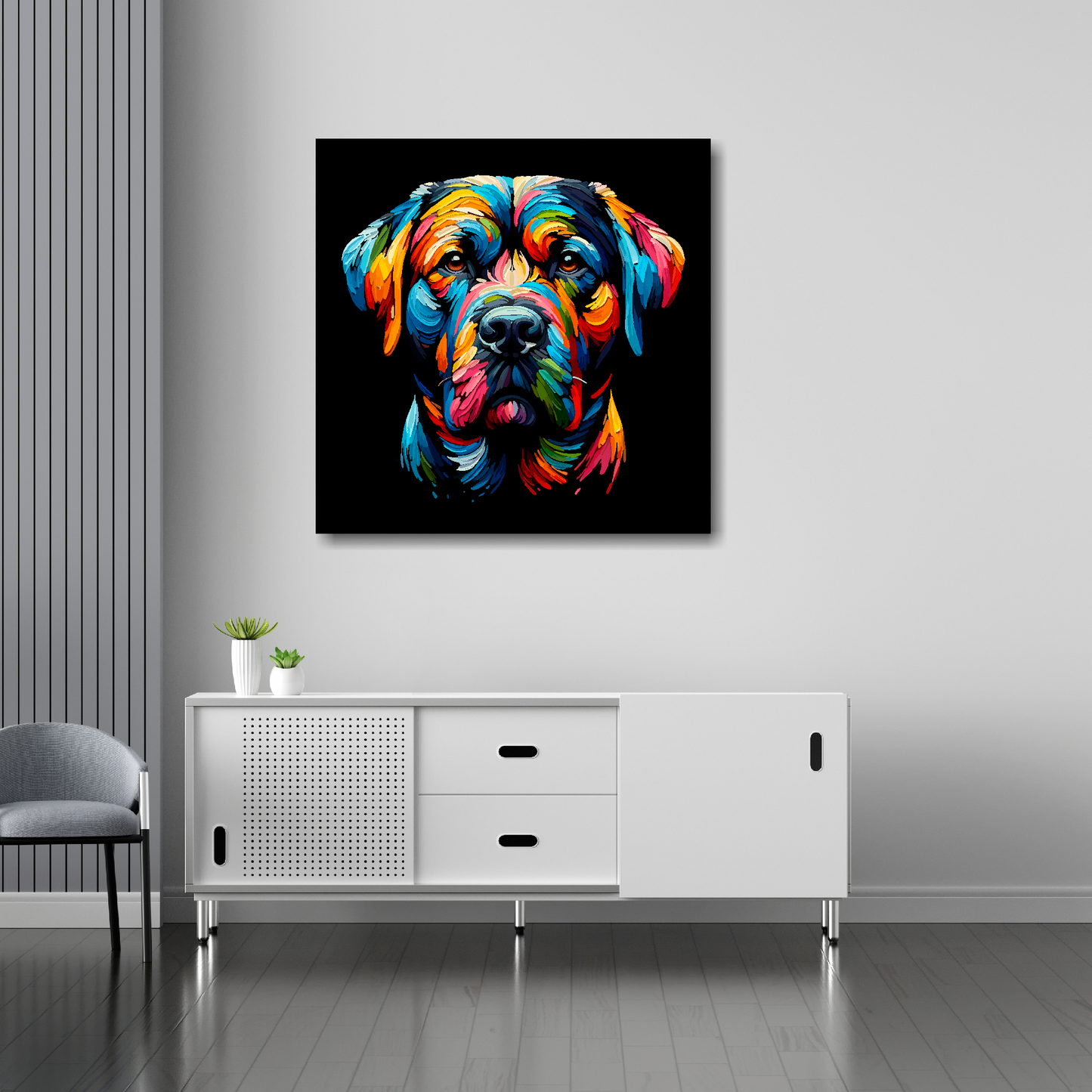 Staffador canvas 30x30 inches above sideboard - large colourful dog portrait UK made