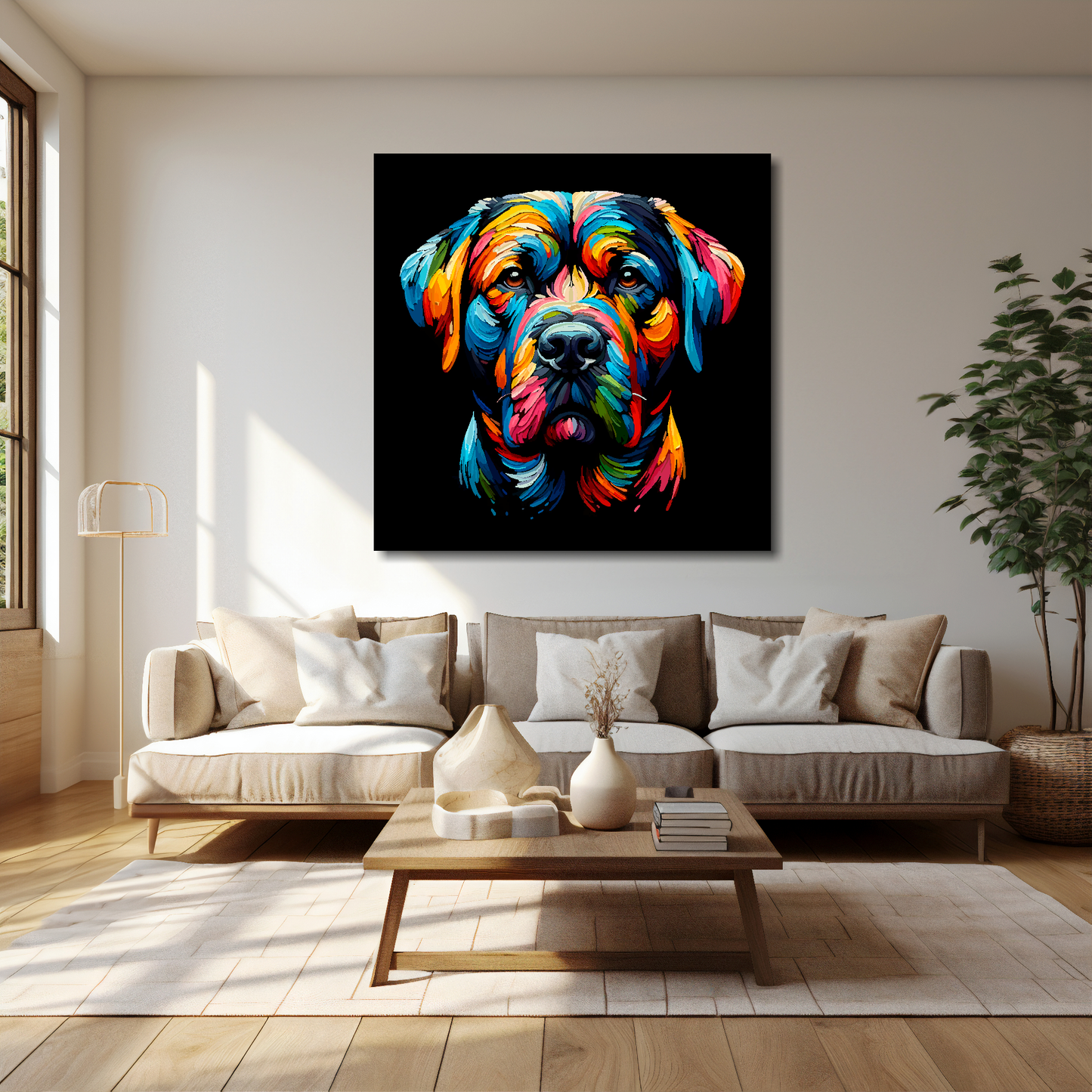 Staffador canvas 40x40 inches above cream sofa - XL vibrant dog wall art UK