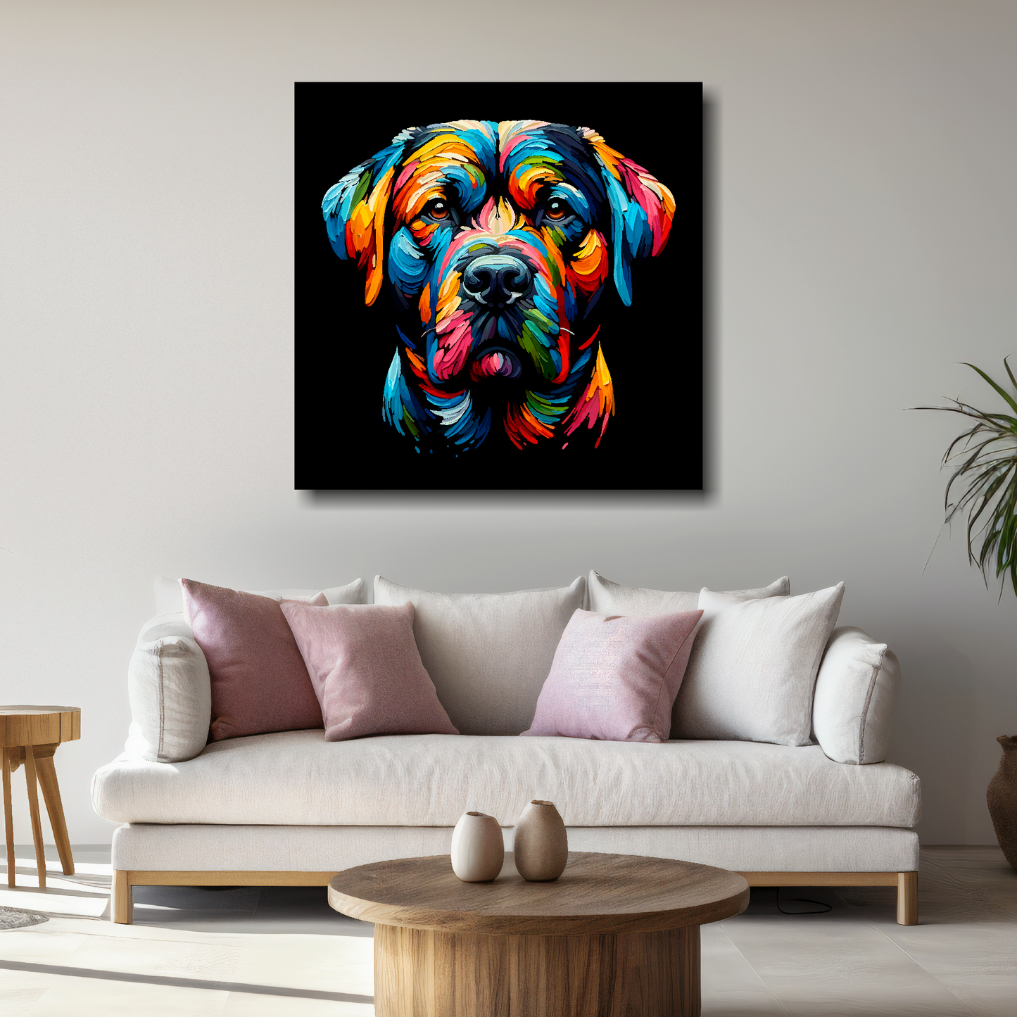 Large Staffador canvas above white sofa - vibrant abstract dog portrait wall art UK