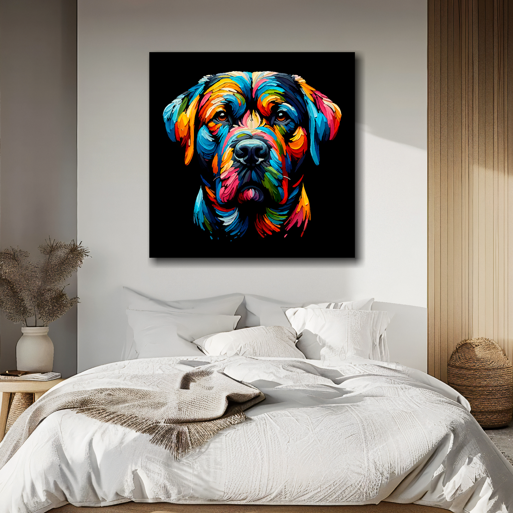 Staffador portrait canvas above bed - colourful dog wall decor for UK bedrooms
