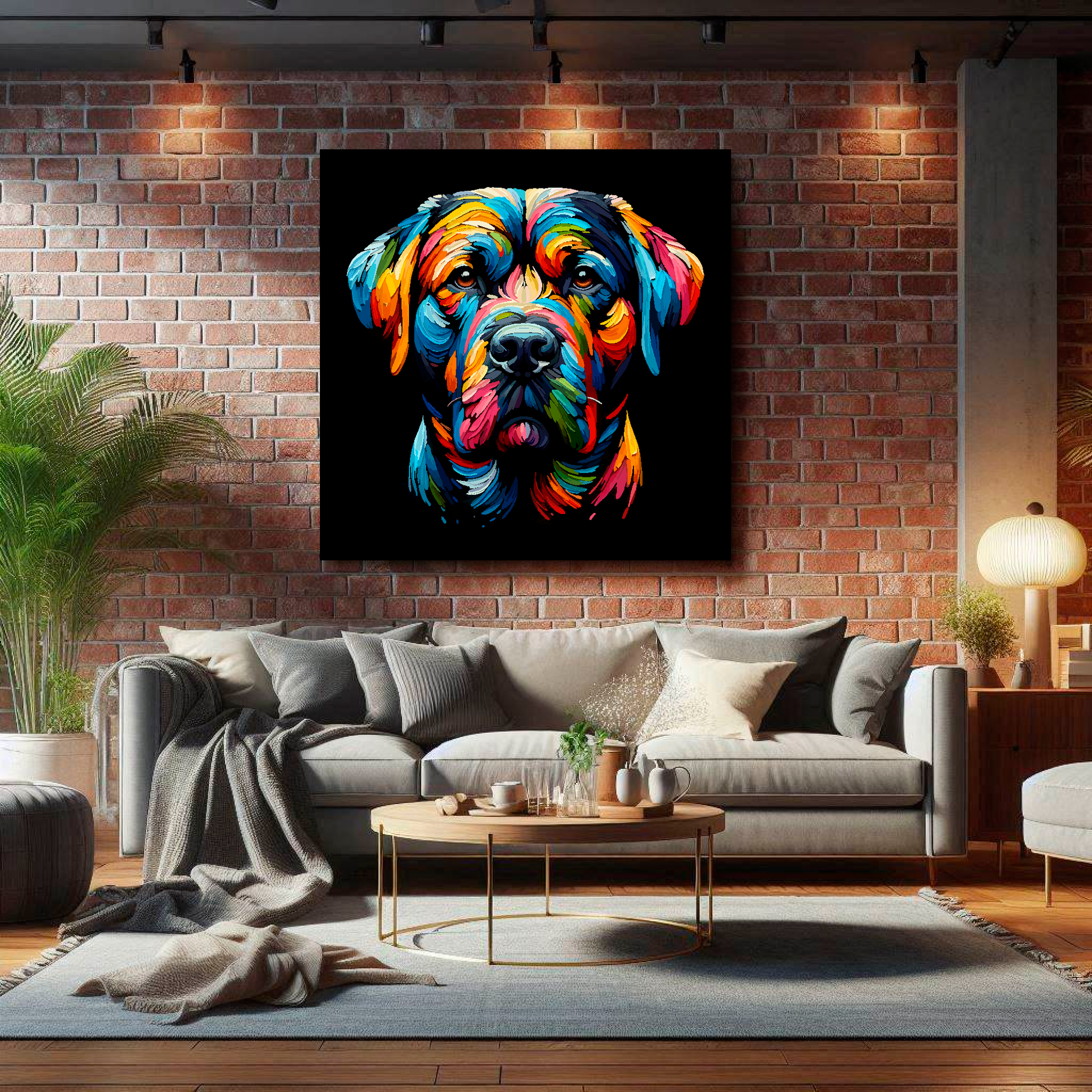 Large Staffador canvas on brick wall above grey sofa - bold dog portrait UK living room