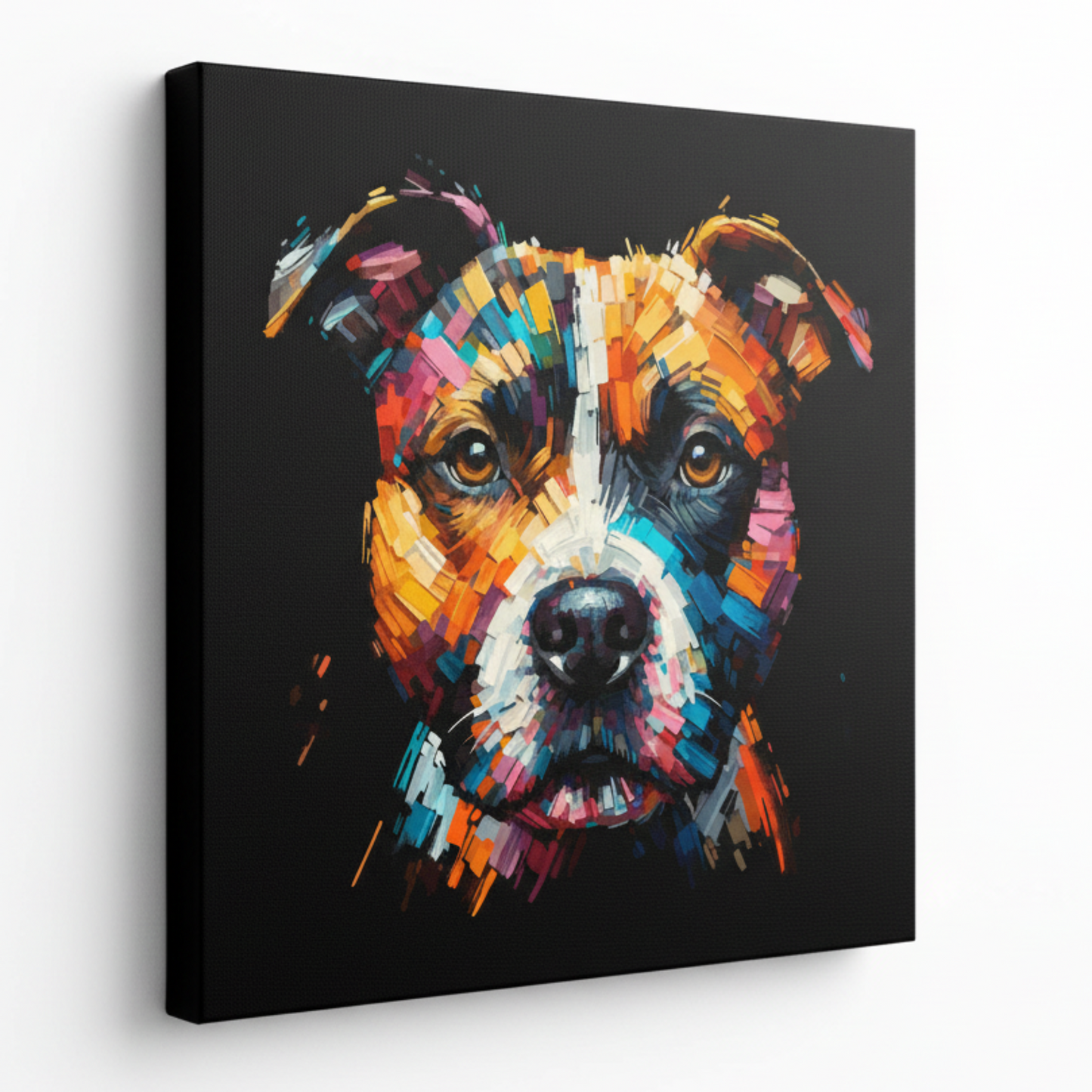 Colourful Staffy Jack dog portrait canvas print - UK made abstract pet wall art black background