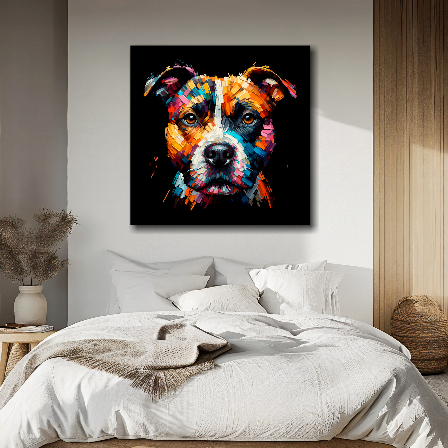 Staffy Jack portrait canvas above bed - colourful dog wall decor for UK bedrooms