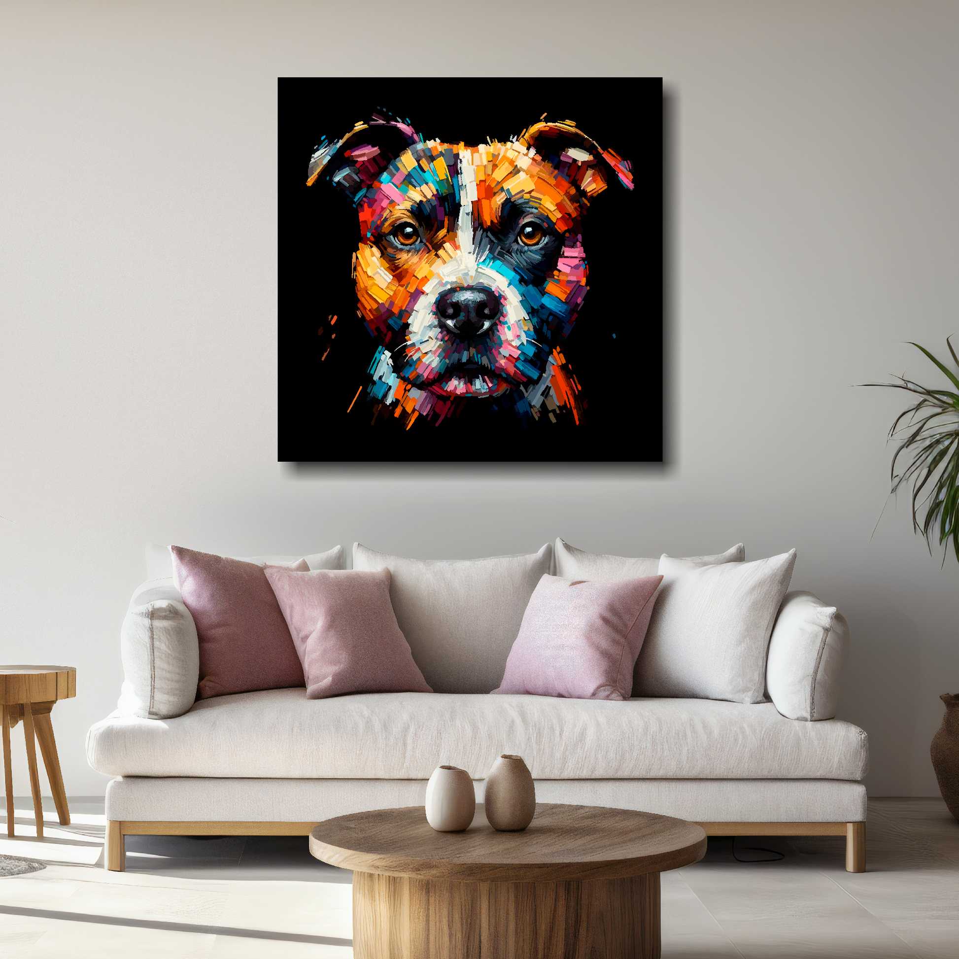 Large Staffy Jack canvas above white sofa - vibrant abstract dog portrait wall art UK