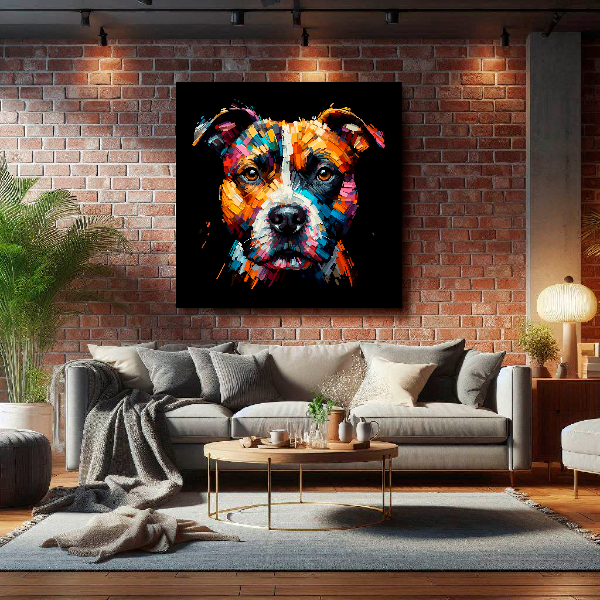 Large Staffy Jack canvas on brick wall above grey sofa - bold dog portrait UK living room