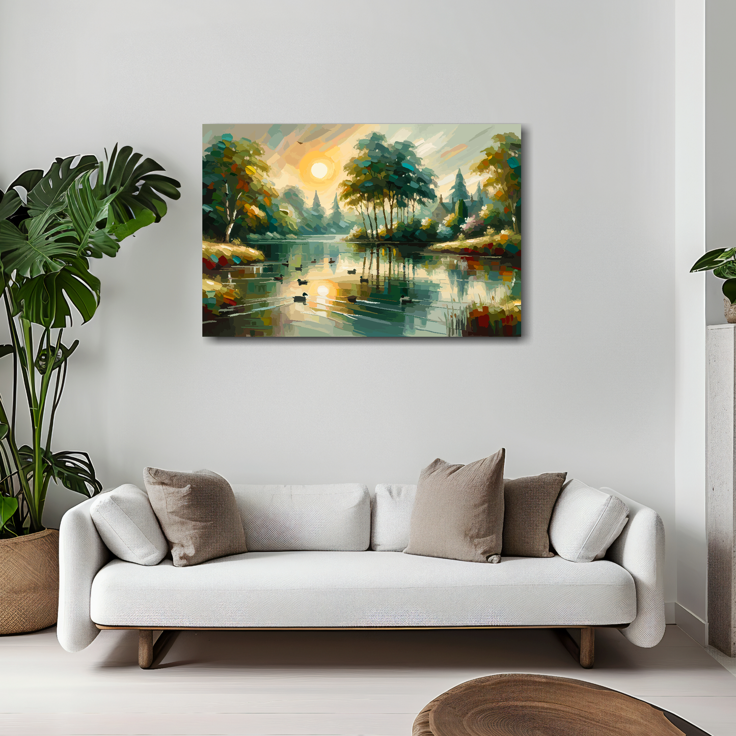 Stillness in motion canvas 30x20 inches above white sofa - vibrant landscape wall art UK