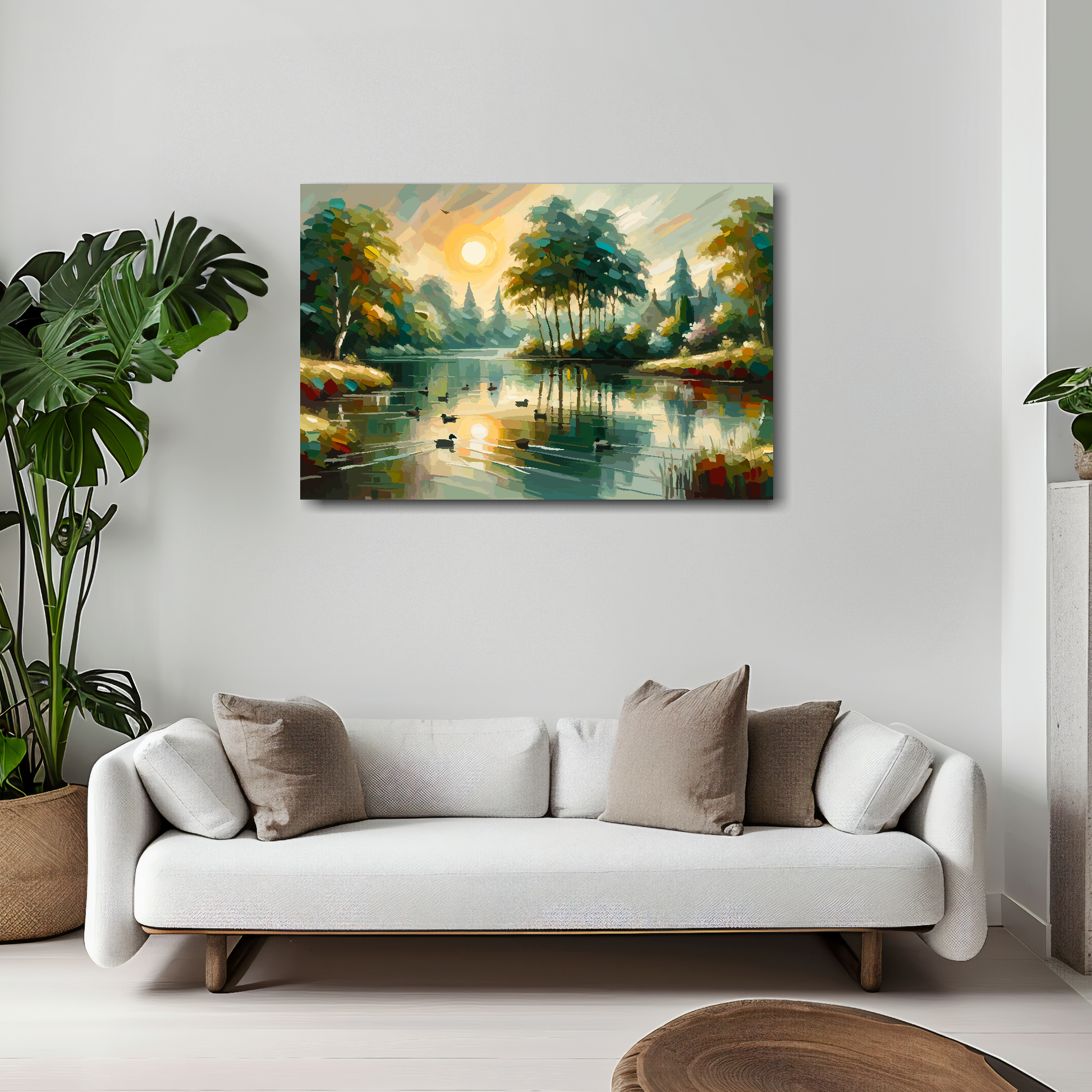 Stillness in motion canvas 30x20 inches above white sofa - vibrant landscape wall art UK