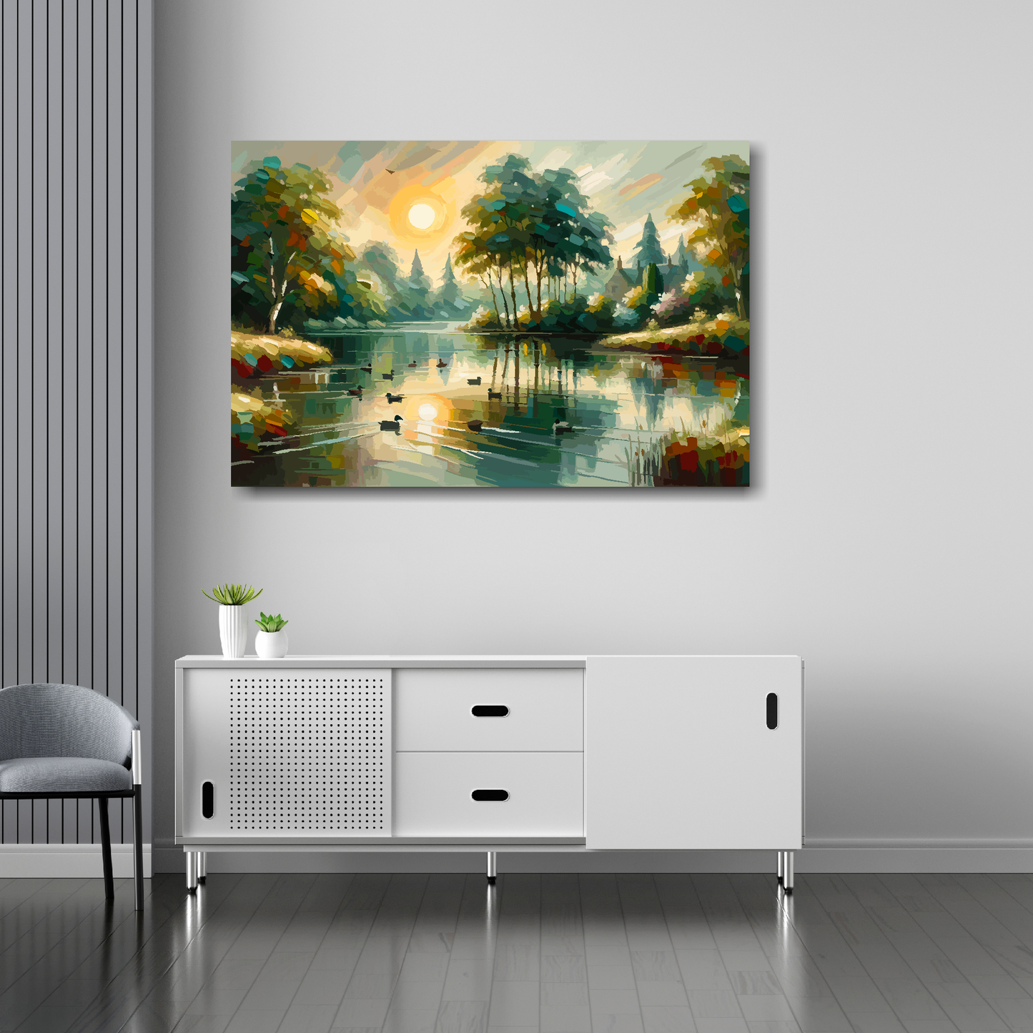 Stillness in motion canvas 36x24 inches above sideboard - large colourful landscape art UK made