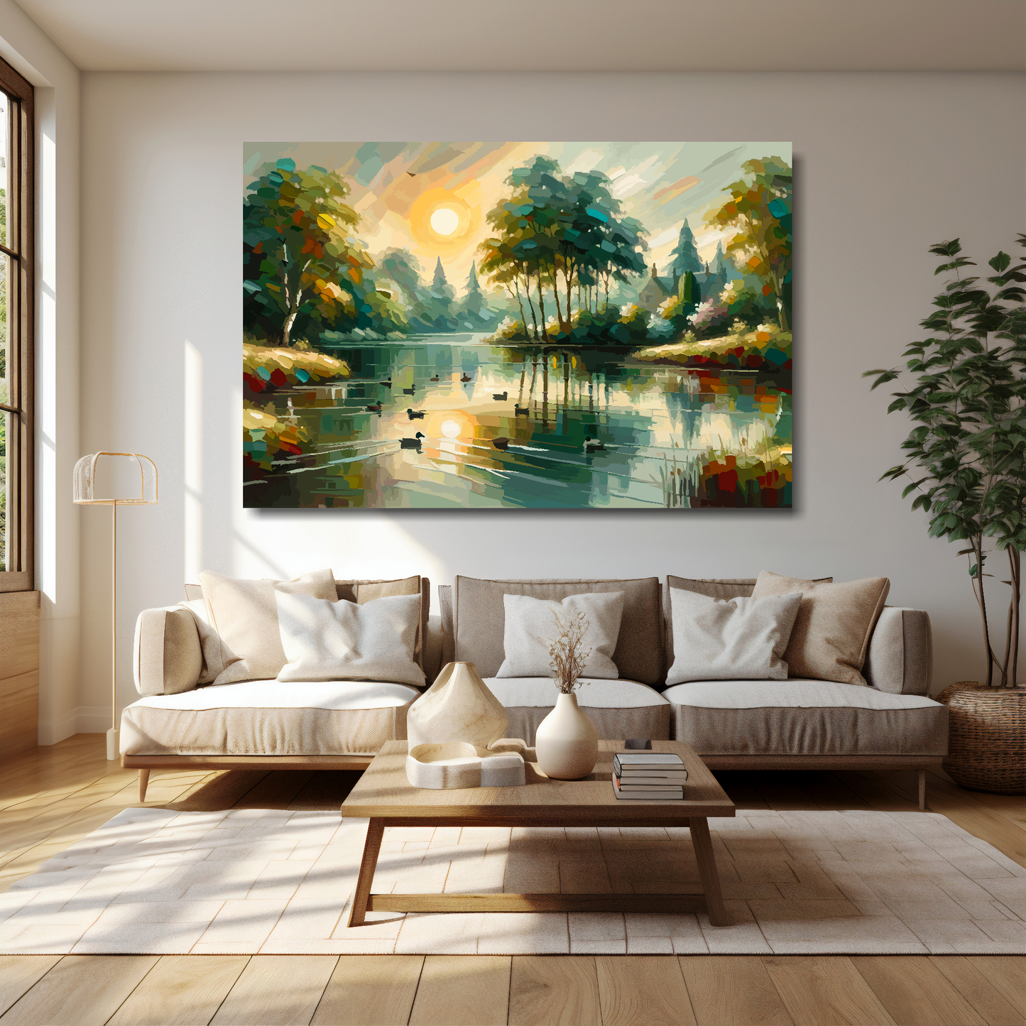 Stillness in motion canvas 60x40 inches above cream sofa - XL vibrant landscape wall art UK