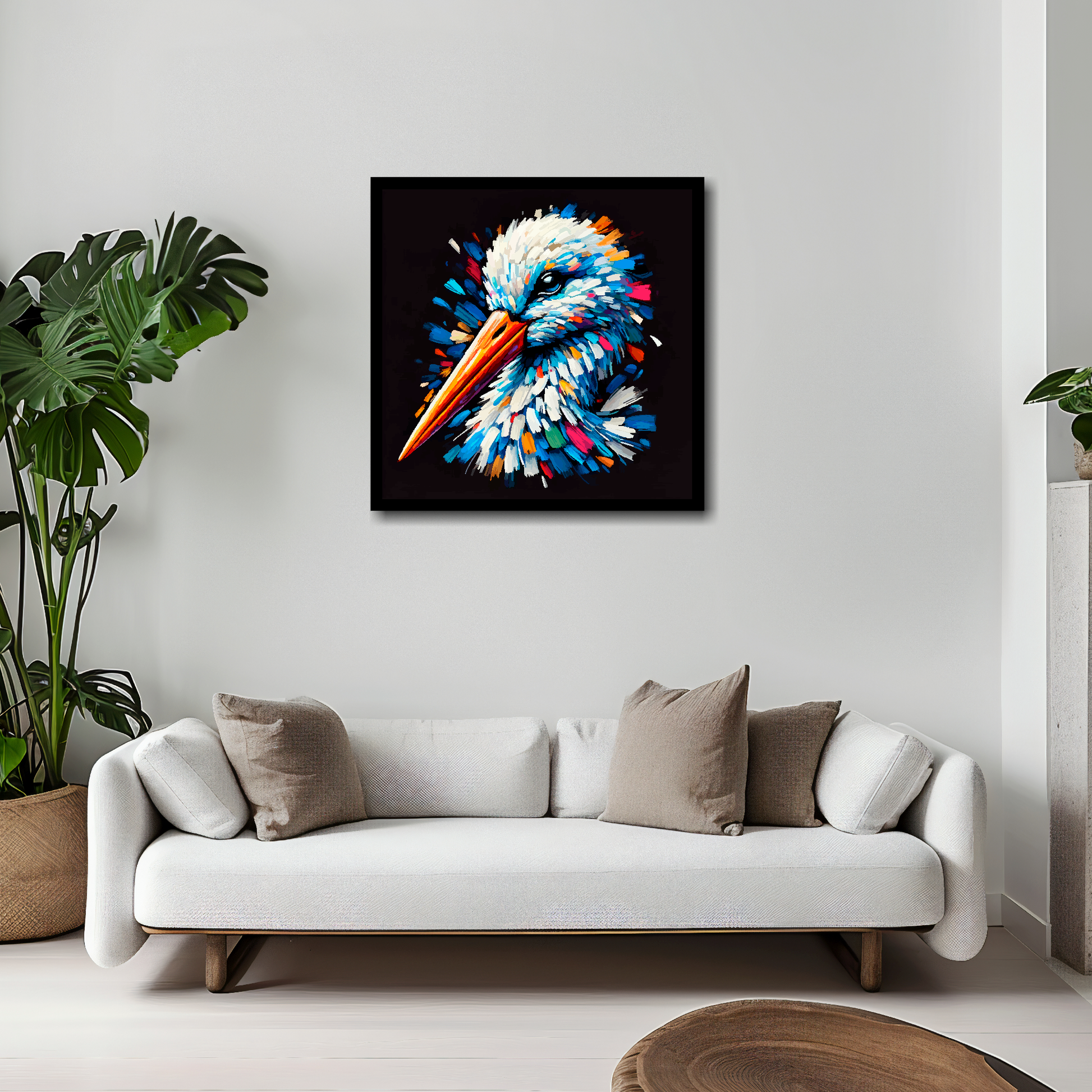 Stork canvas 20x20 inches above white sofa - vibrant bird portrait wall art UK