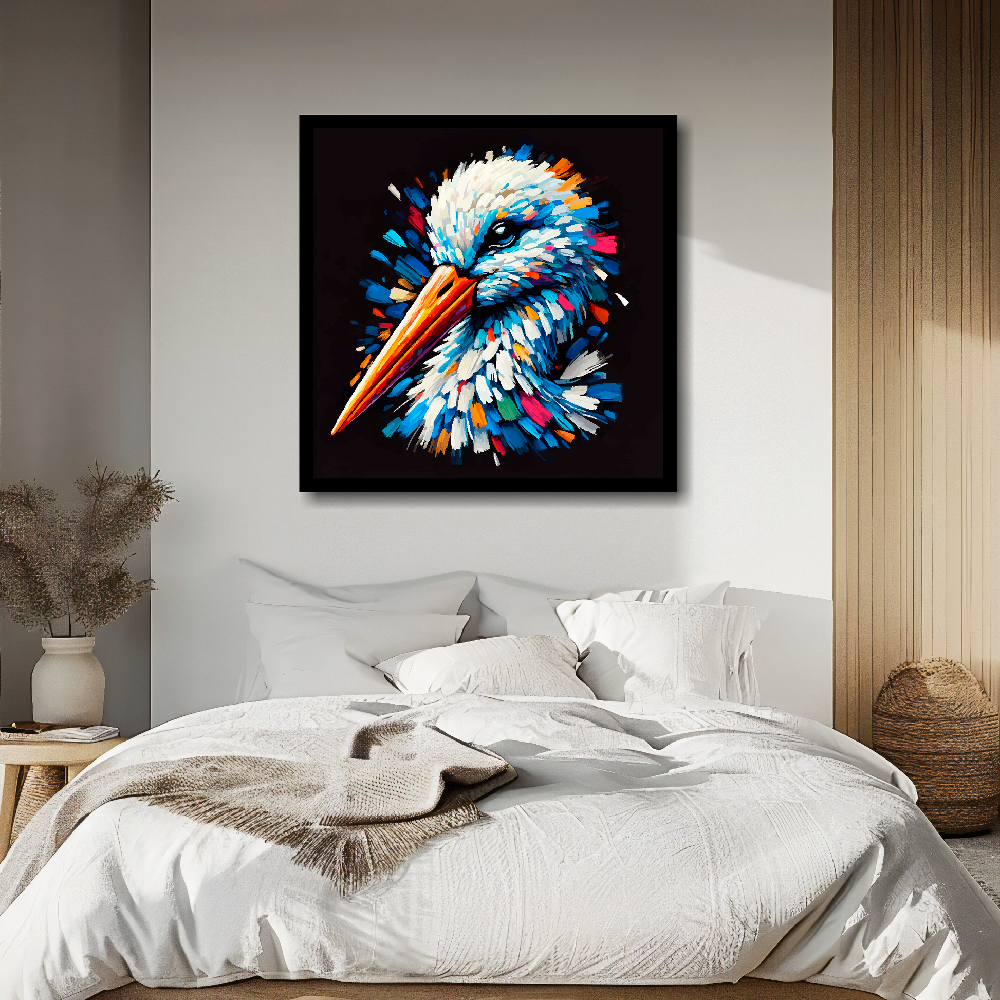 Stork portrait canvas above bed - colourful bird wall decor for UK bedrooms