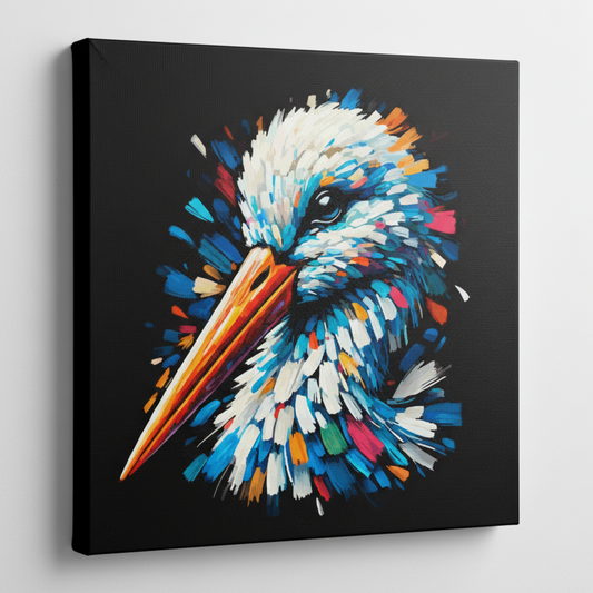 Colourful Stork bird portrait canvas print - UK made abstract wildlife wall art black background