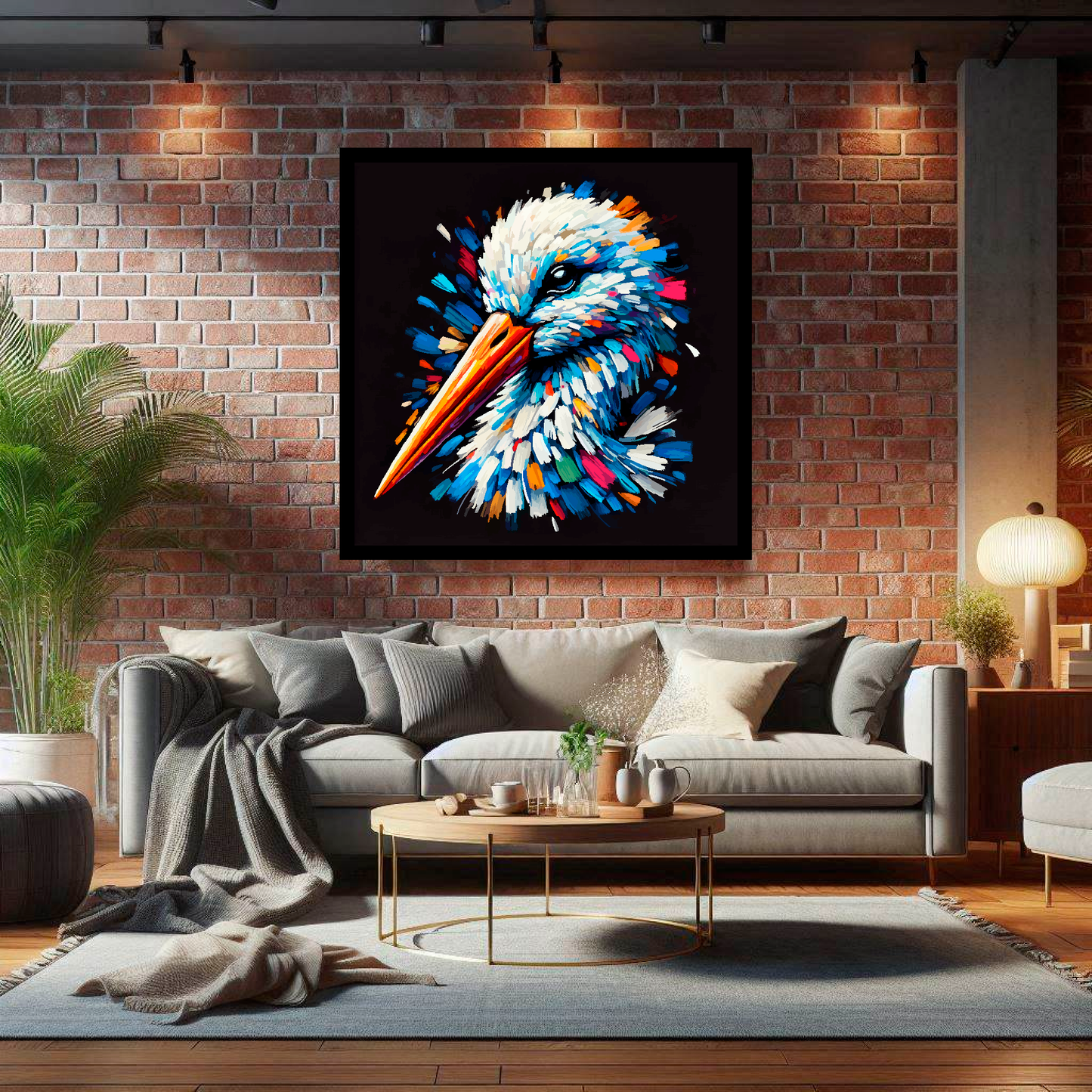 Large Stork canvas on brick wall above grey sofa - bold bird portrait UK living room