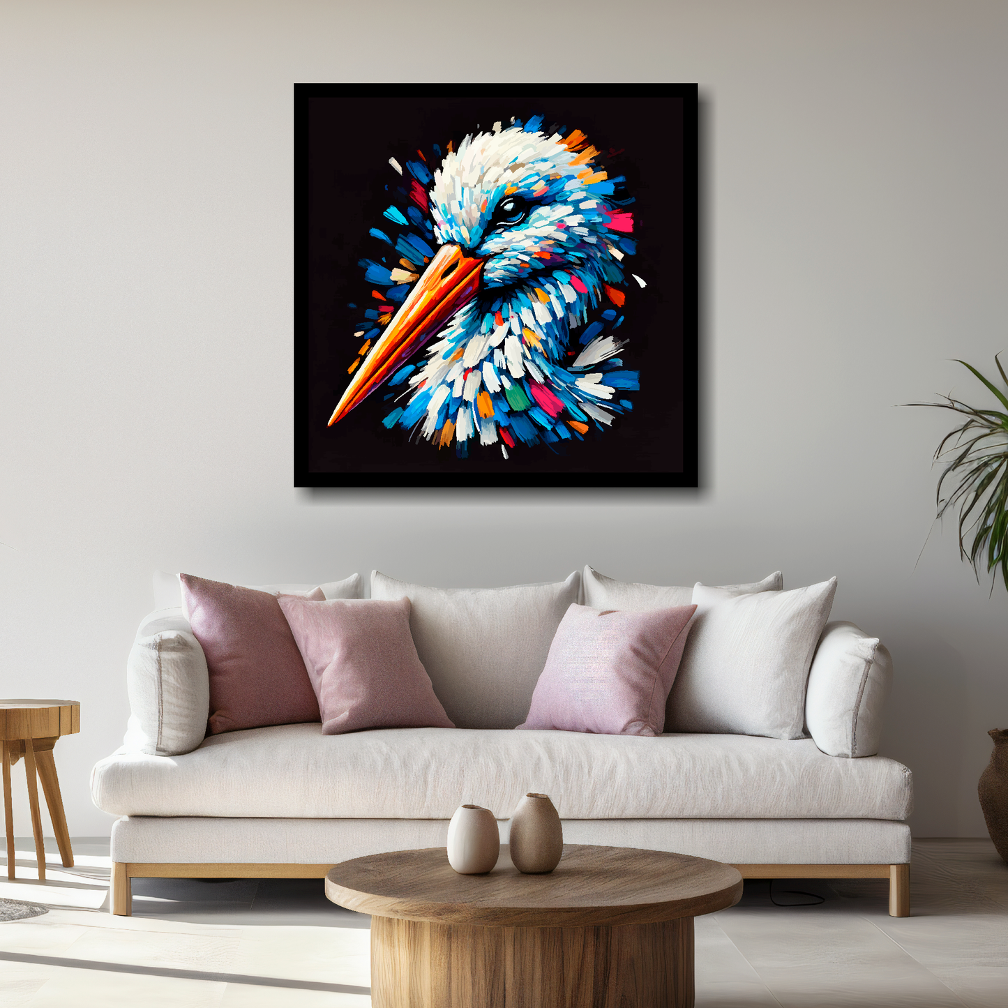 Large Stork canvas above white sofa - vibrant abstract bird portrait wall art UK
