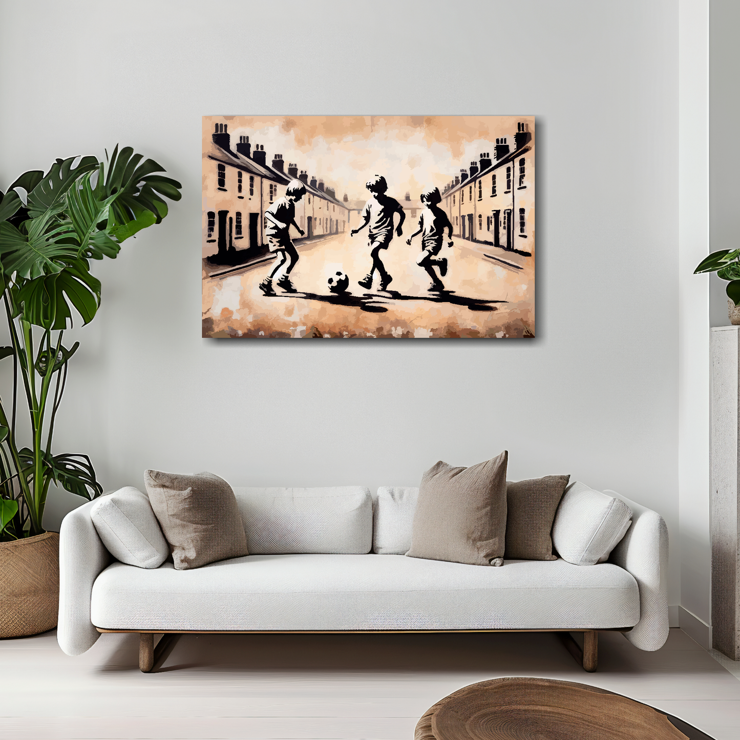 Street footy canvas 30x20 inches above white sofa - vibrant football wall art UK
