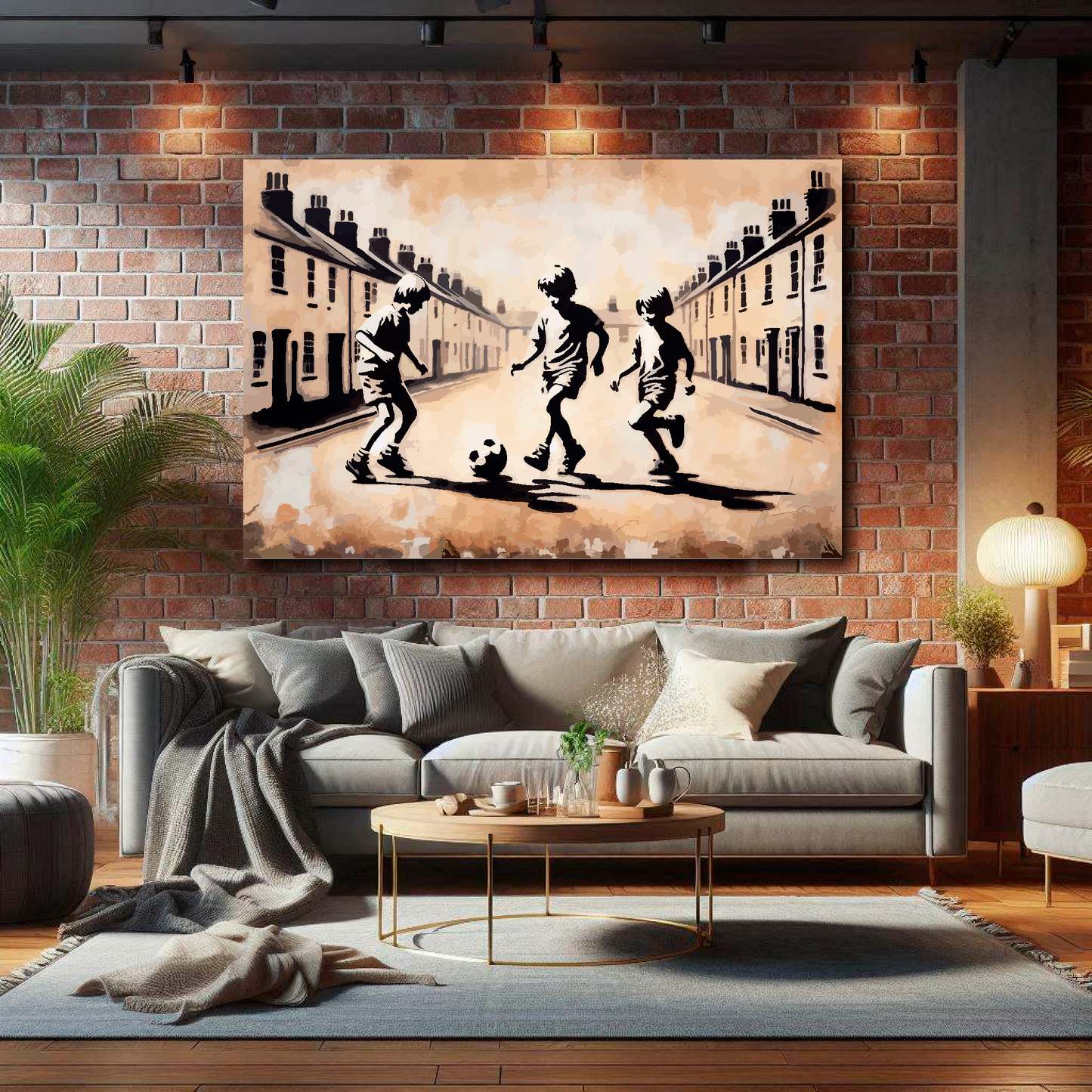 Large street footy canvas on brick wall above grey sofa - bold football art UK living room