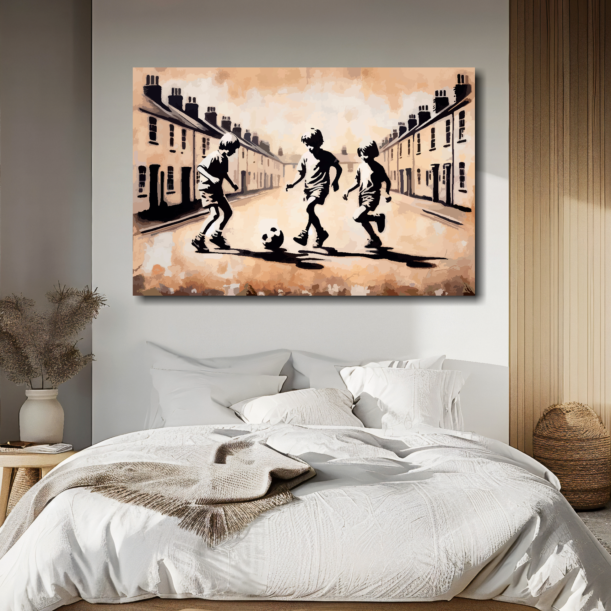 Street footy canvas above bed - colourful football wall decor for UK bedrooms