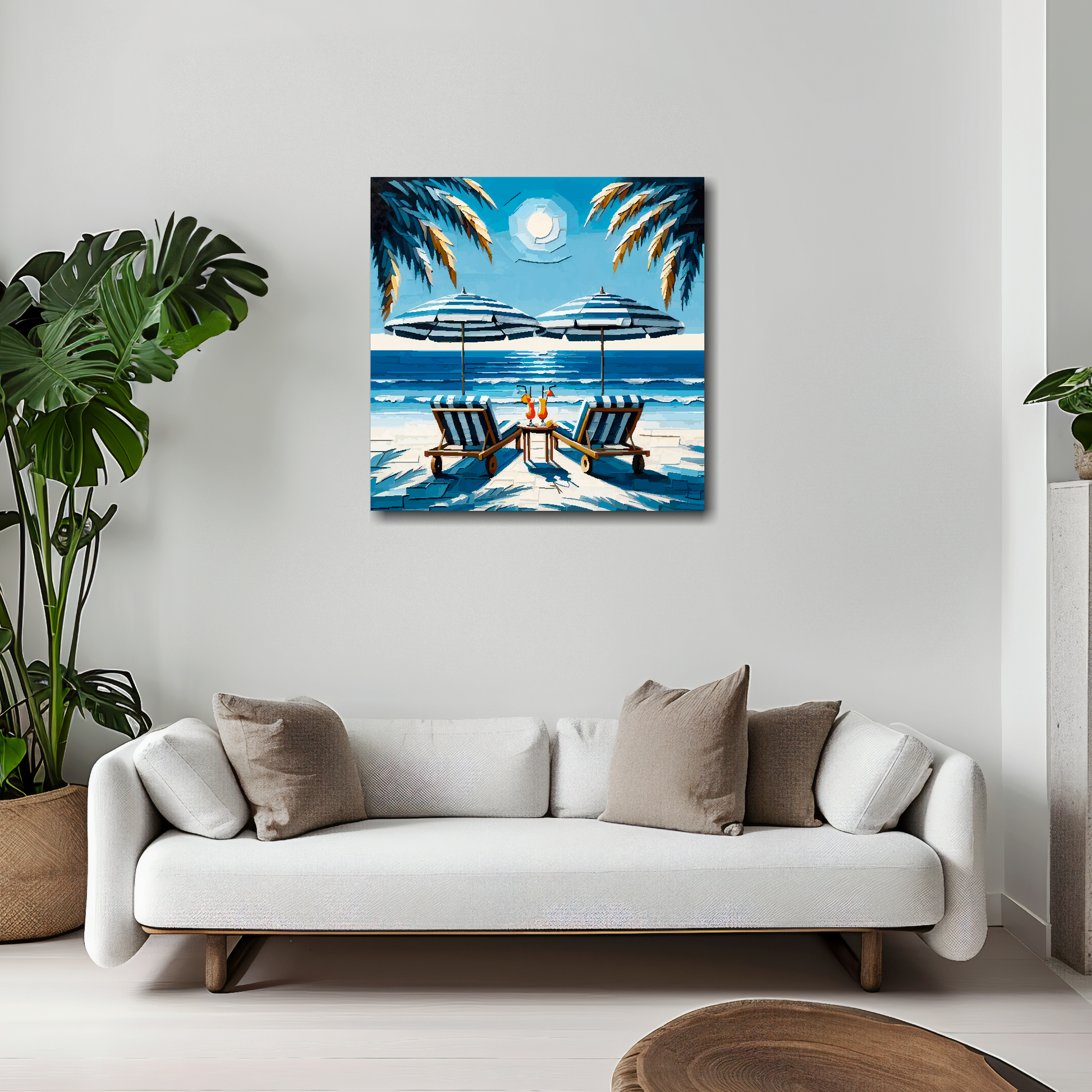 Sunbeds for two canvas 20x20 inches above white sofa - vibrant coastal wall art UK