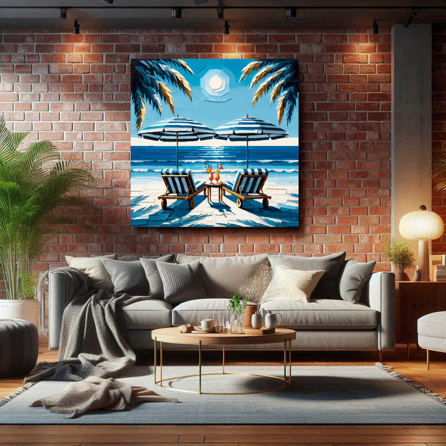 Large sunbeds for two canvas on brick wall above grey sofa - bold coastal art UK living room