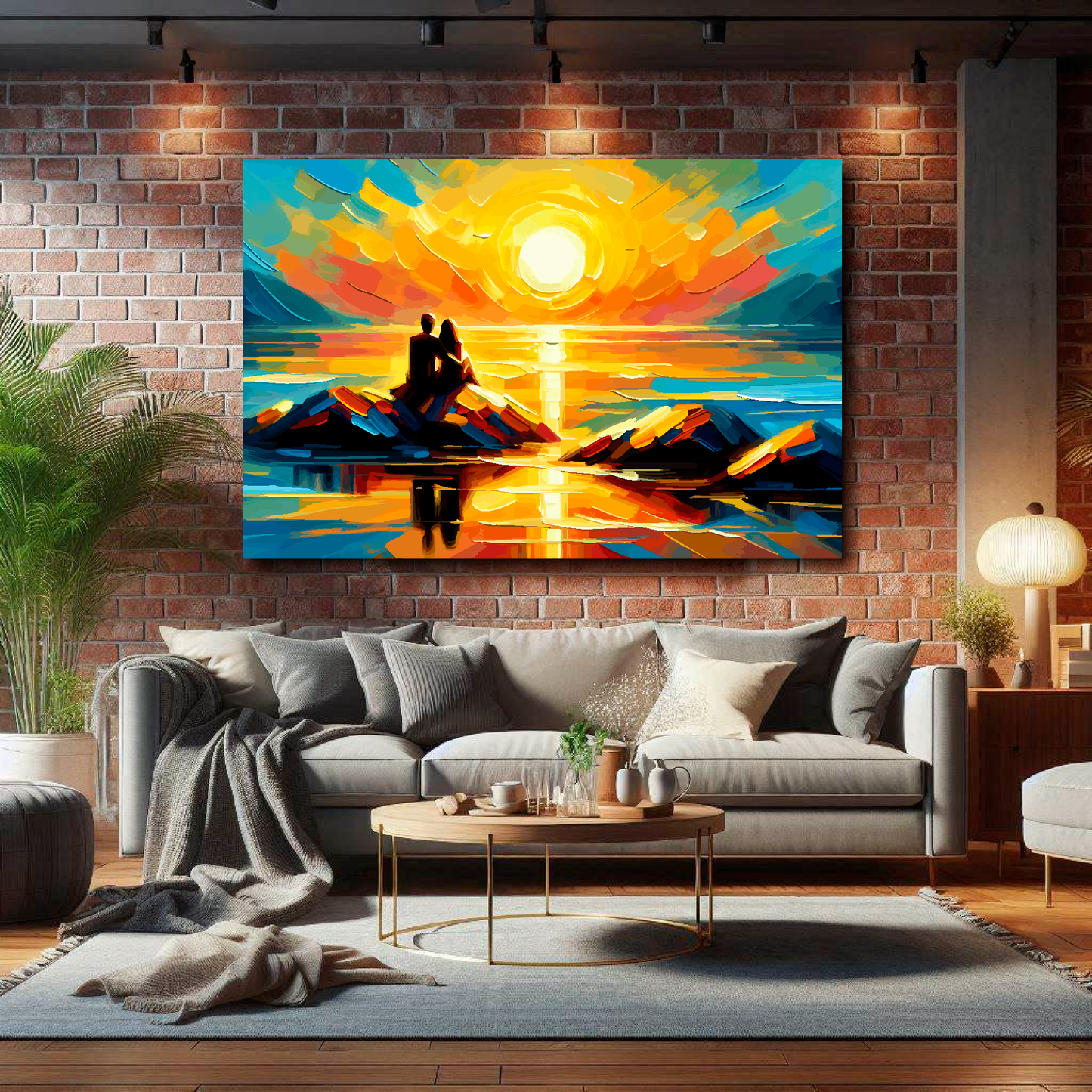 Large sunset romance canvas on brick wall above grey sofa - bold coastal art UK living room