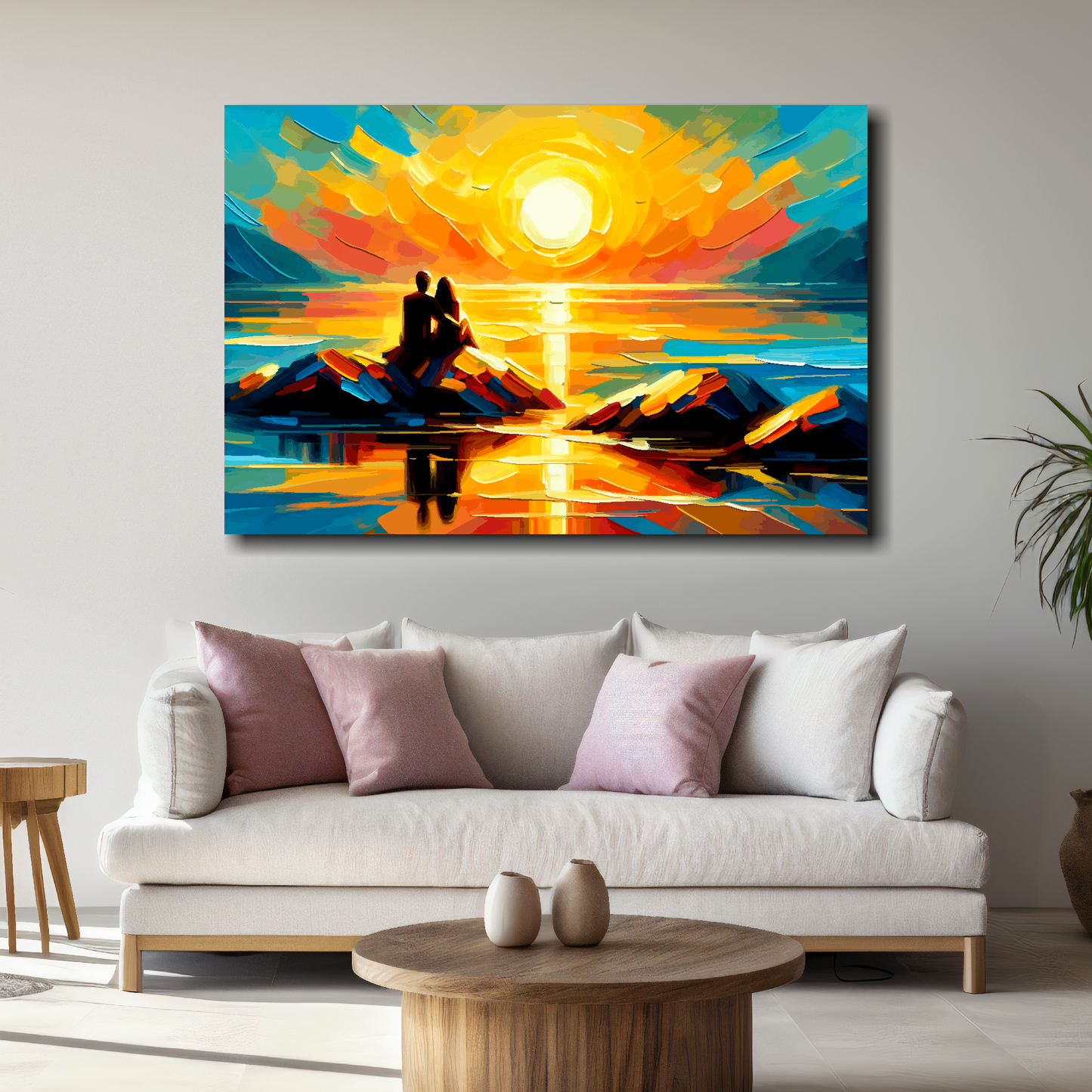 Large sunset romance canvas above white sofa - vibrant abstract coastal wall art UK