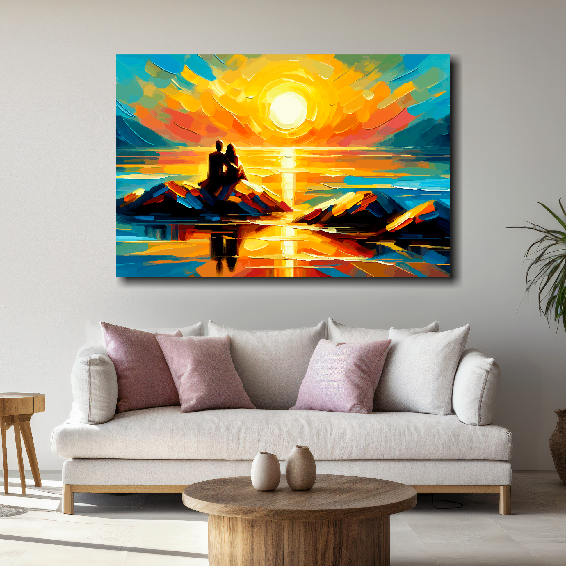 Large sunset romance canvas above white sofa - vibrant abstract coastal wall art UK