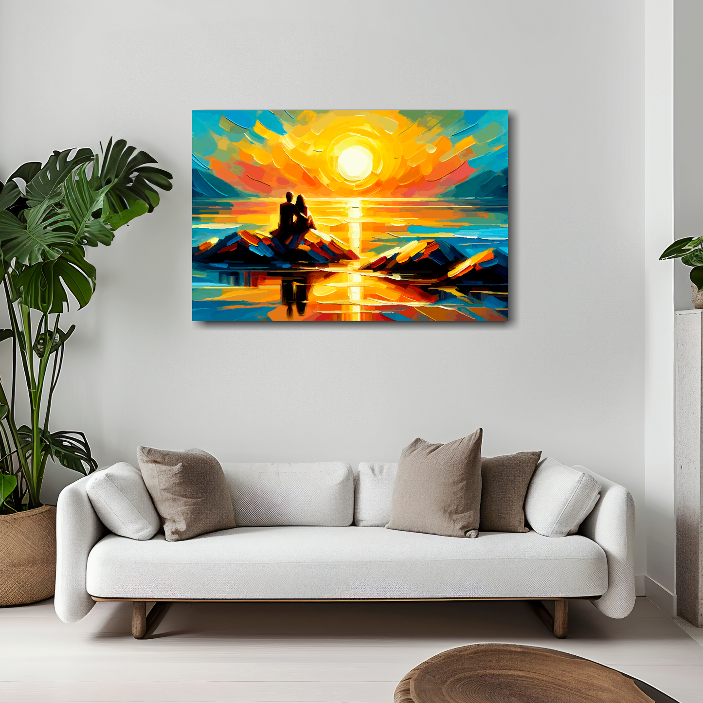 Sunset romance canvas 30x20 inches above white sofa - vibrant coastal wall art UK