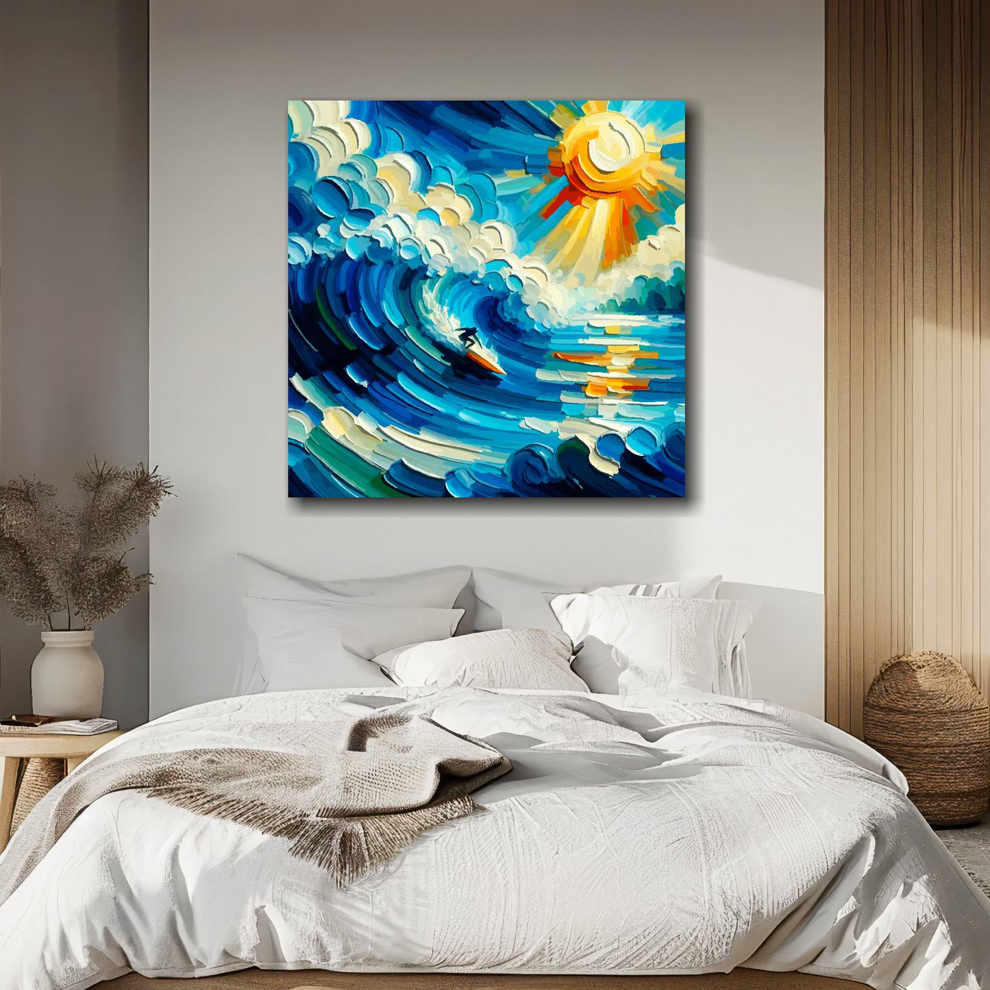 Wavebound canvas above bed - colourful surfing wall decor for UK bedrooms