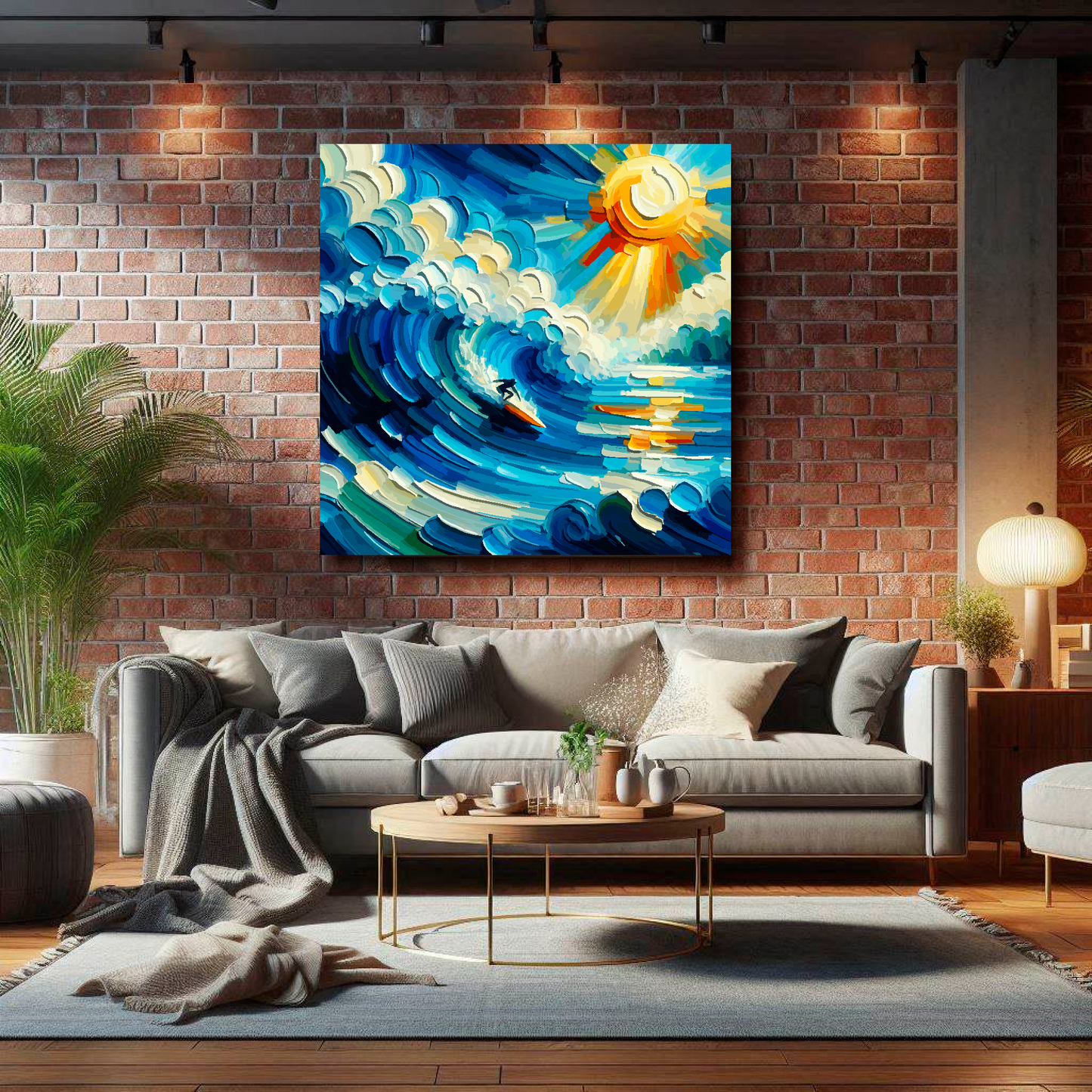 Large wavebound canvas on brick wall above grey sofa - bold surfing art UK living room